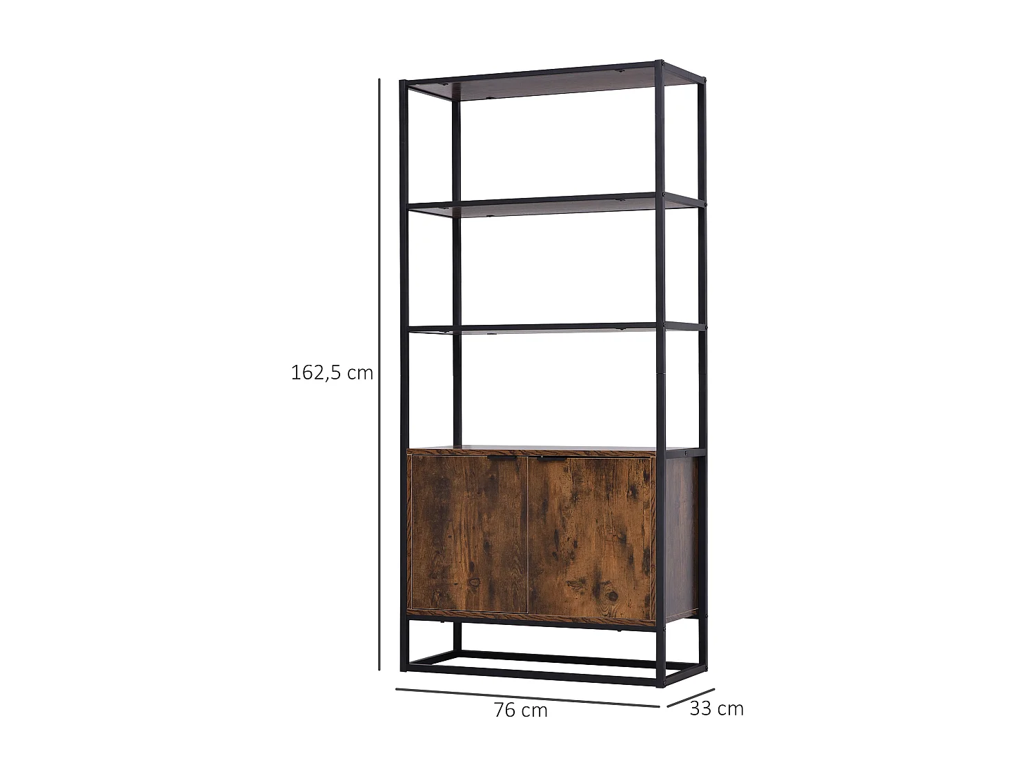 Bibliothèque style industriel 3 étagères + placard 2 portes panneaux particules aspect vieux bois métal noir