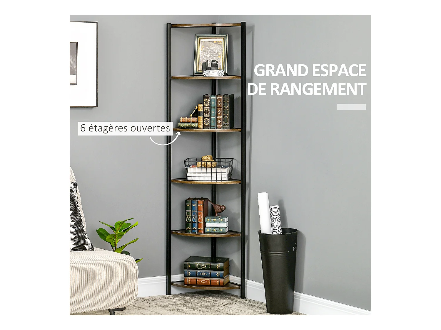 Étagère bibliothèque d'angle style industriel 6 étagères dim. 34L x 34l x 166H cm métal noir MDF aspect bois