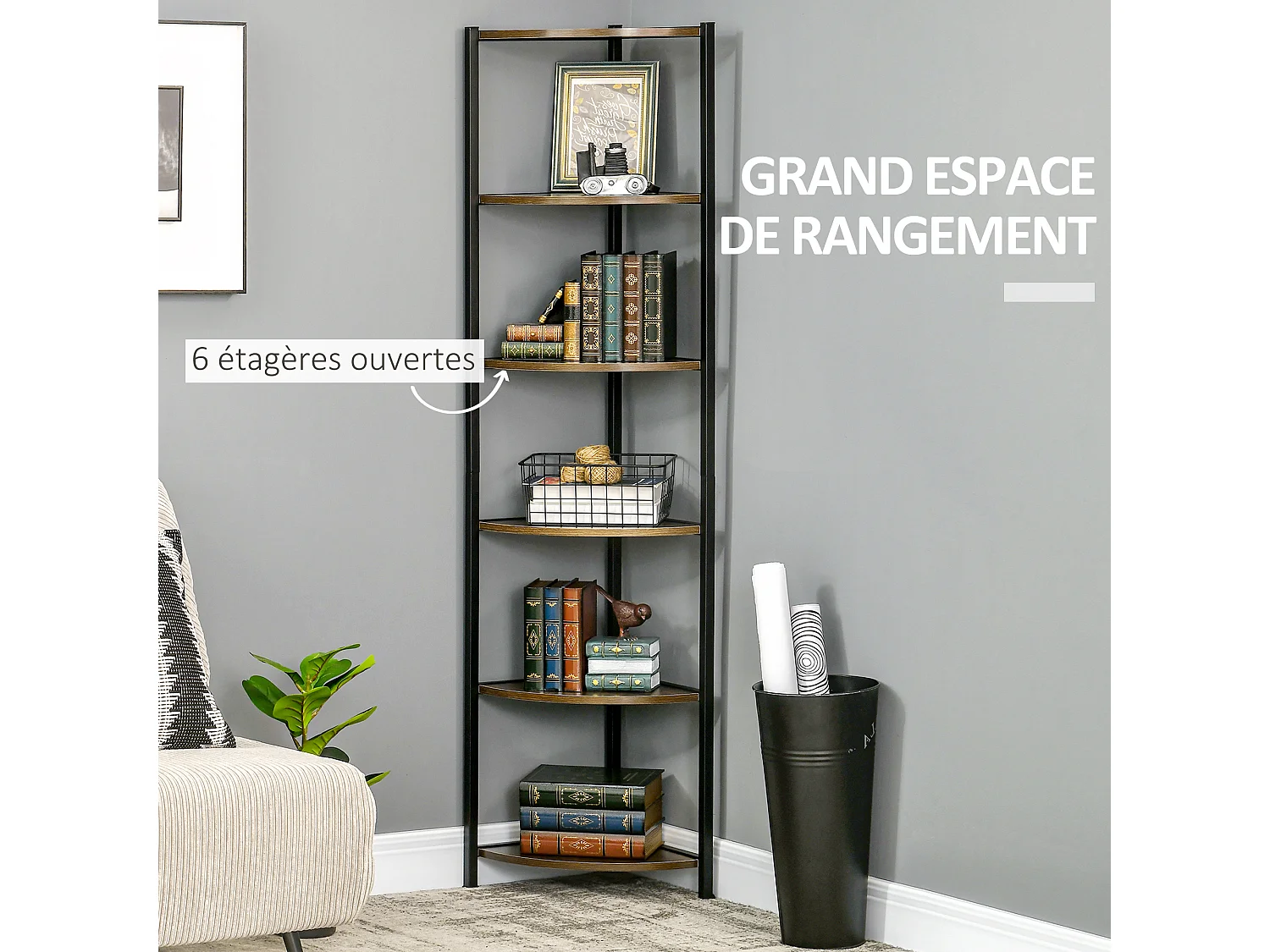 Étagère bibliothèque d'angle style industriel 6 étagères dim. 34L x 34l x 166H cm métal noir MDF aspect bois