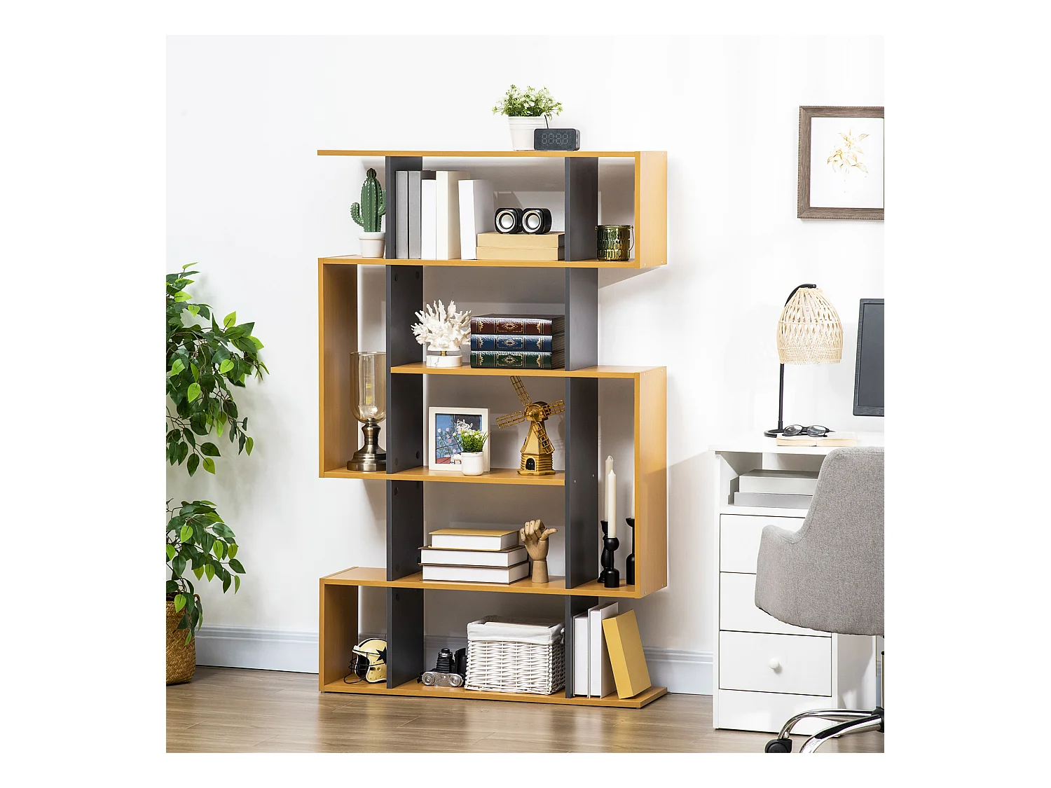 Bibliothèque étagère meuble de rangement design contemporain en S 13 étagères dim. 95L x 25l x 150H cm aspect bois clair gris