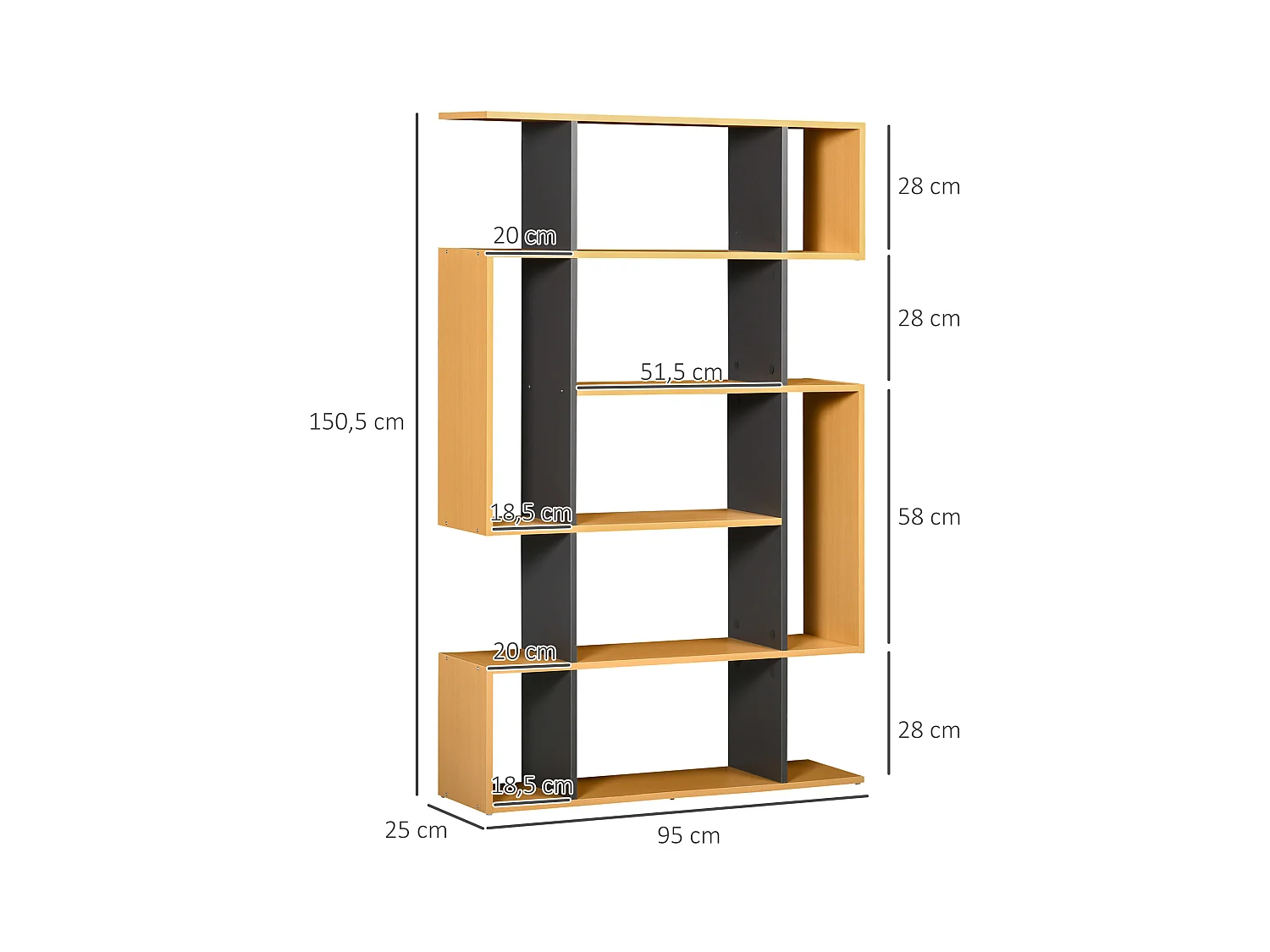 Bibliothèque étagère meuble de rangement design contemporain en S 13 étagères dim. 95L x 25l x 150H cm aspect bois clair gris