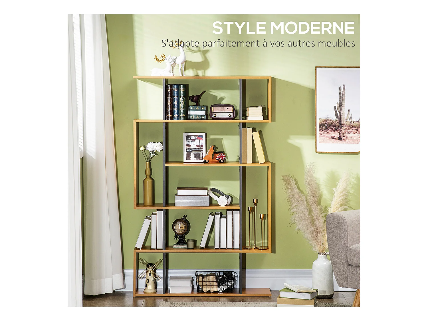 Bibliothèque étagère meuble de rangement design contemporain en S 13 étagères dim. 95L x 25l x 150H cm aspect bois clair gris