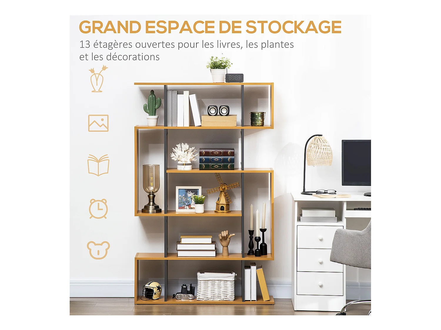 Bibliothèque étagère meuble de rangement design contemporain en S 13 étagères dim. 95L x 25l x 150H cm aspect bois clair gris
