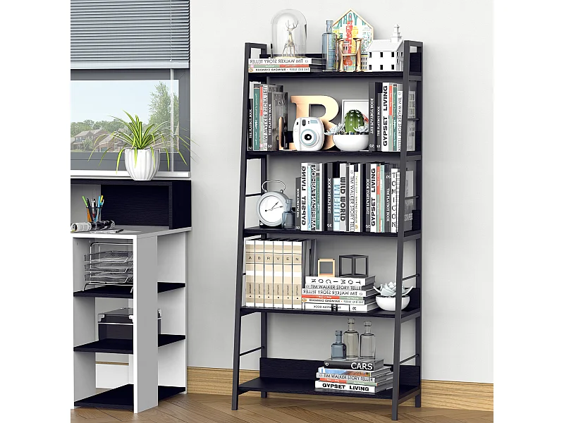 Étagère bibliothèque de rangement style industriel incliné 5 niveaux 70L x 35l x 150H cm noir