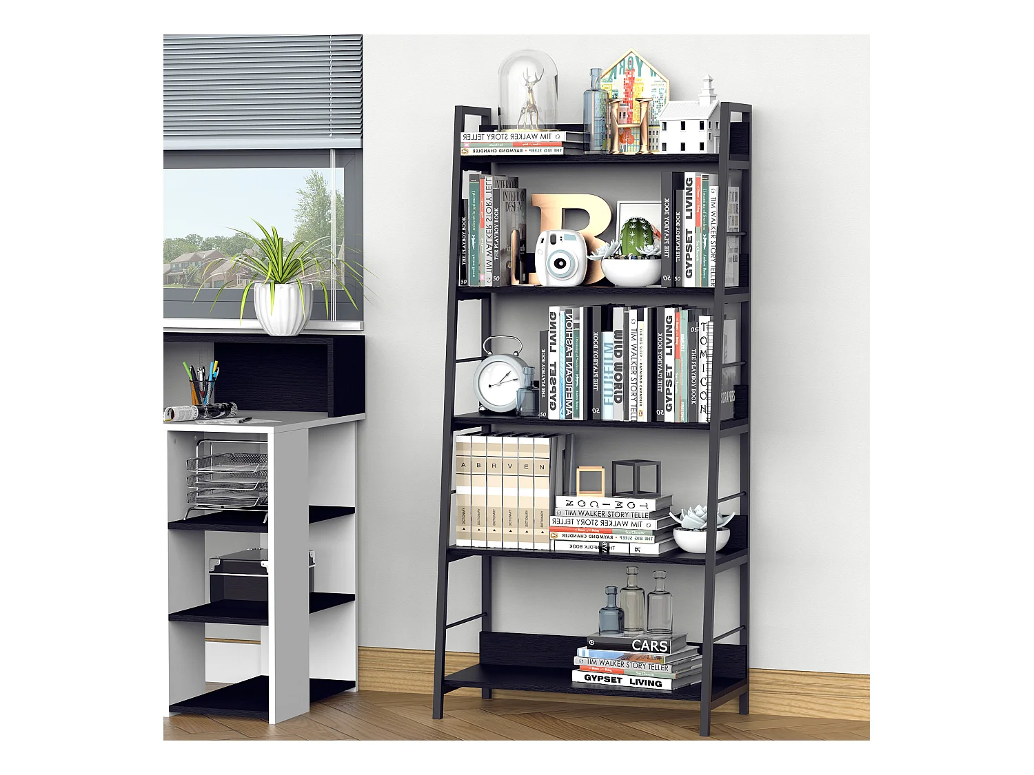 Étagère bibliothèque de rangement style industriel incliné 5 niveaux 70L x 35l x 150H cm noir