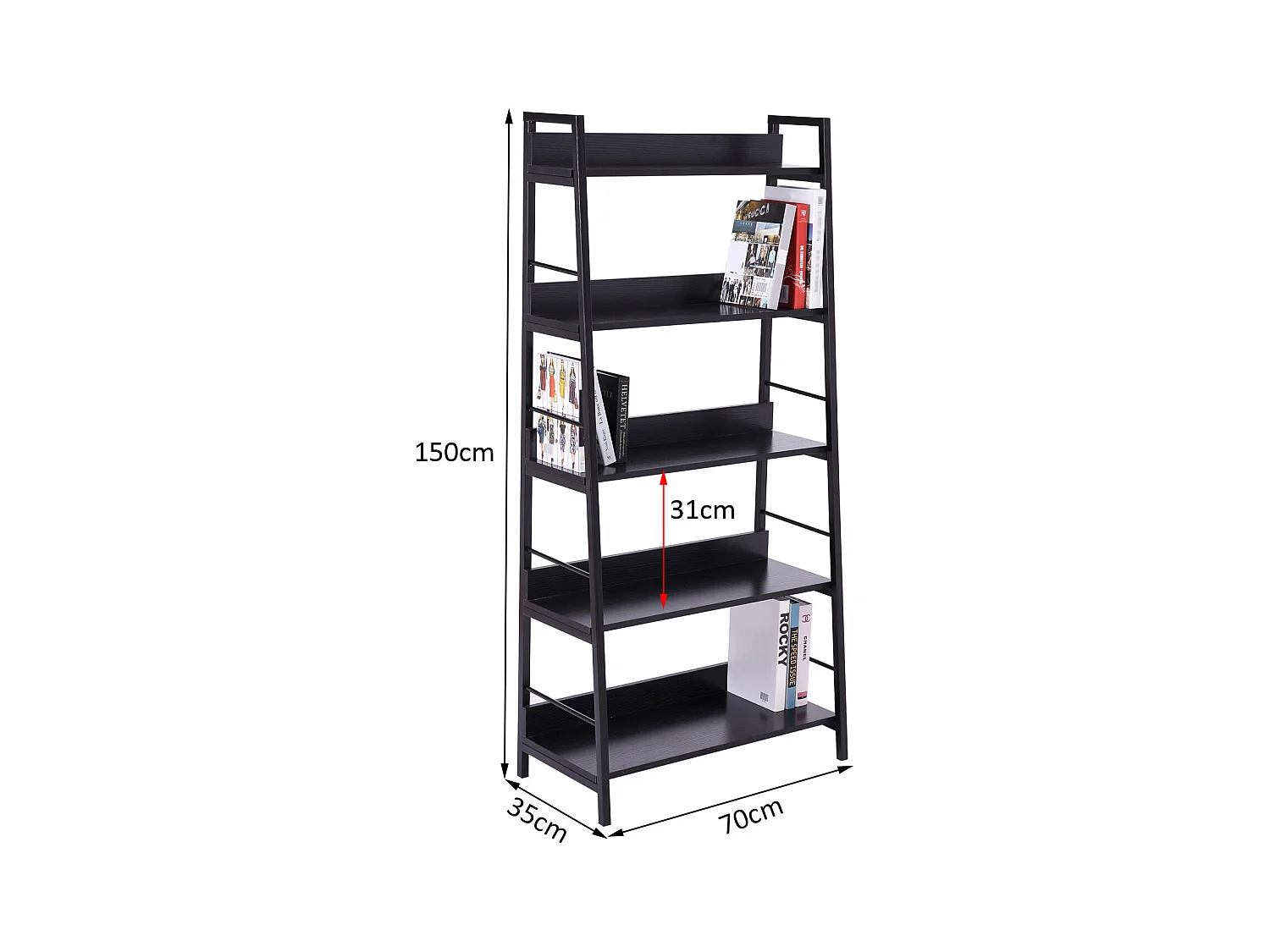 Étagère bibliothèque de rangement style industriel incliné 5 niveaux 70L x 35l x 150H cm noir