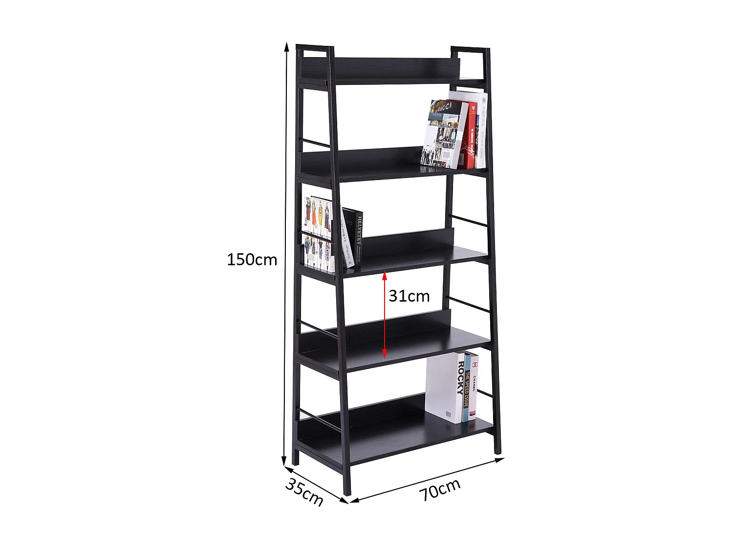 Étagère bibliothèque de rangement style industriel incliné 5 niveaux 70L x 35l x 150H cm noir