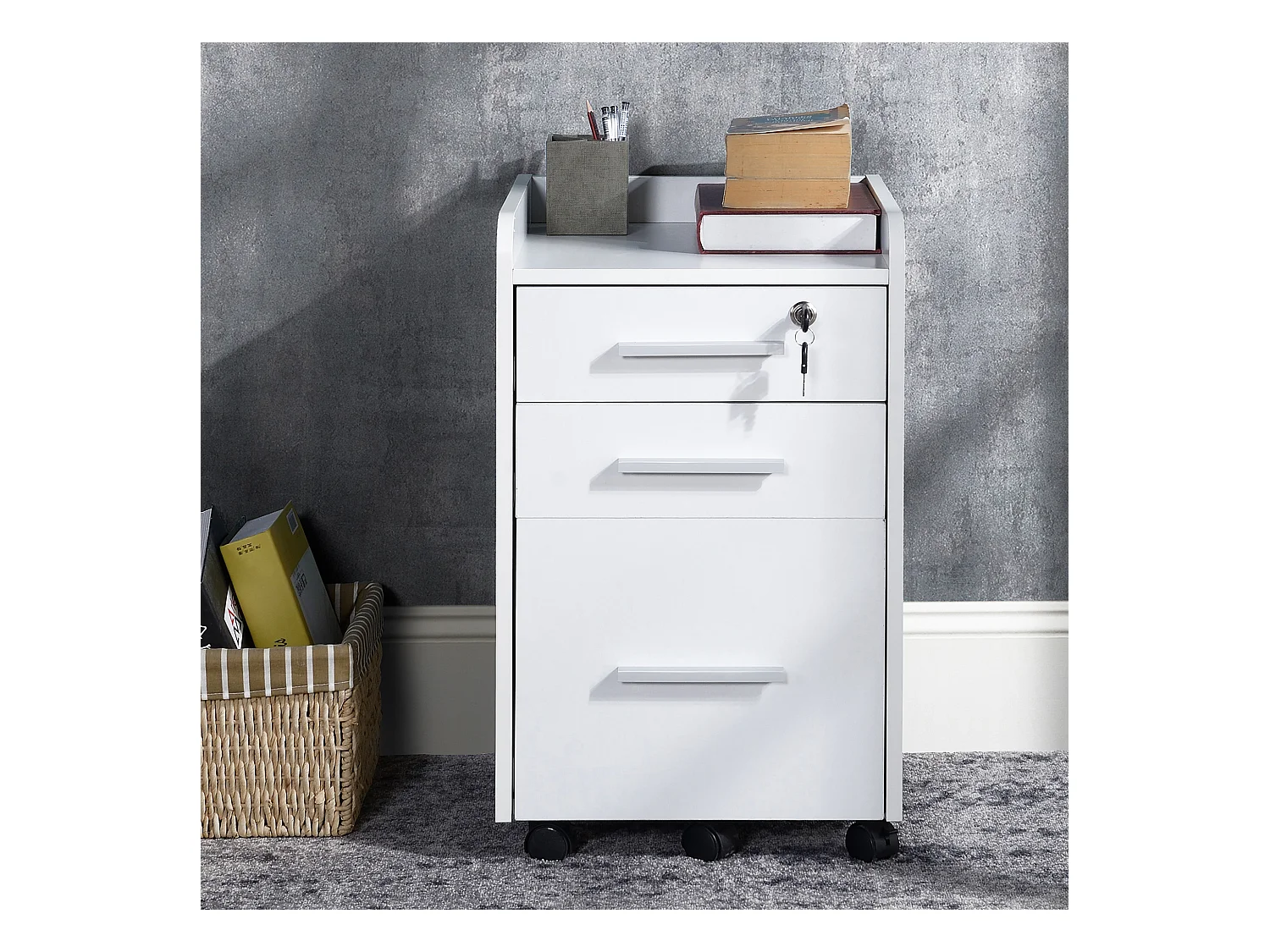 Caisson de bureau rangement bureau sur roulettes 3 tiroirs 1 verrouillable 1 trieur dossiers blanc