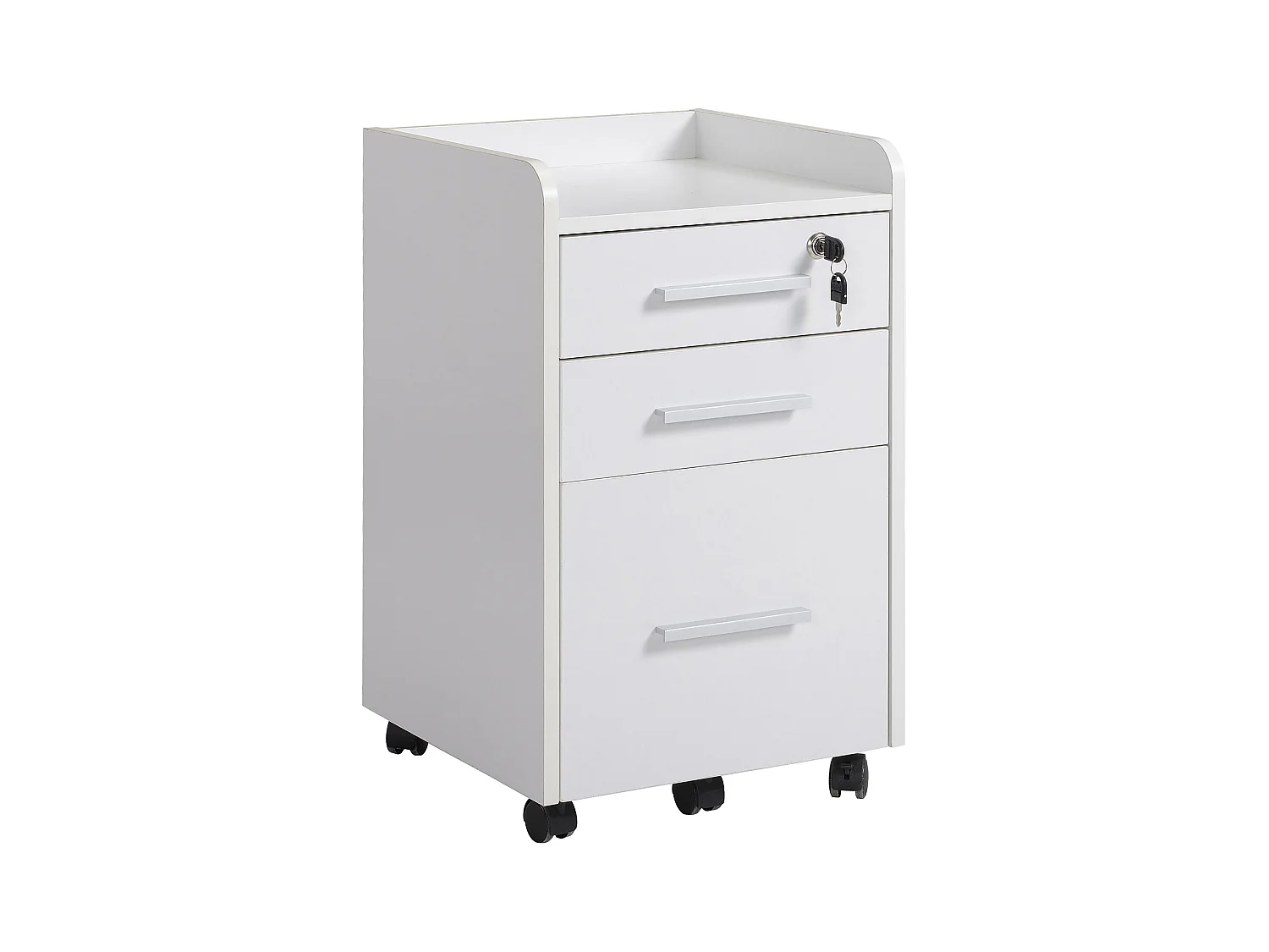 Caisson de bureau rangement bureau sur roulettes 3 tiroirs 1 verrouillable 1 trieur dossiers blanc