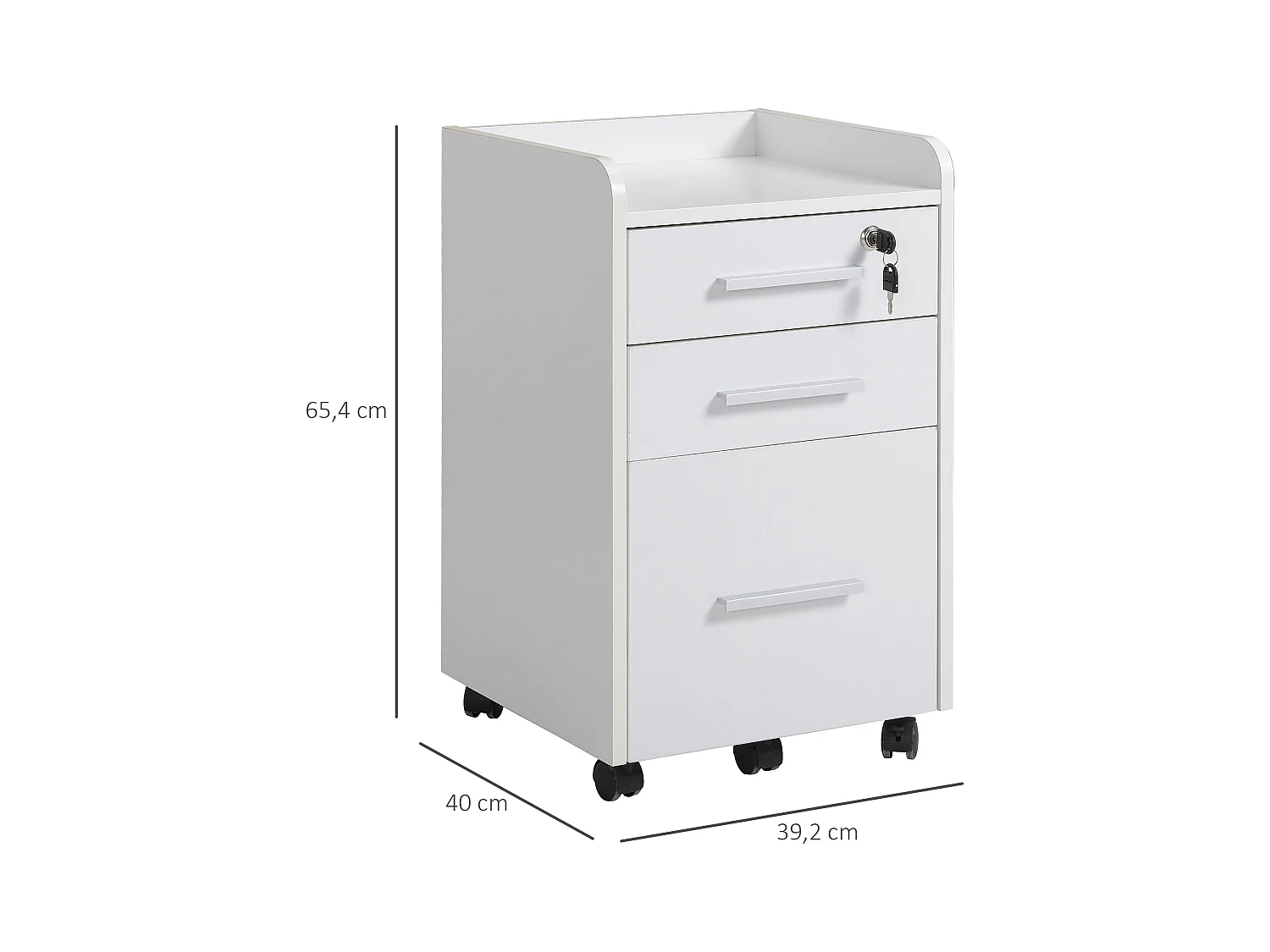 Caisson de bureau rangement bureau sur roulettes 3 tiroirs 1 verrouillable 1 trieur dossiers blanc