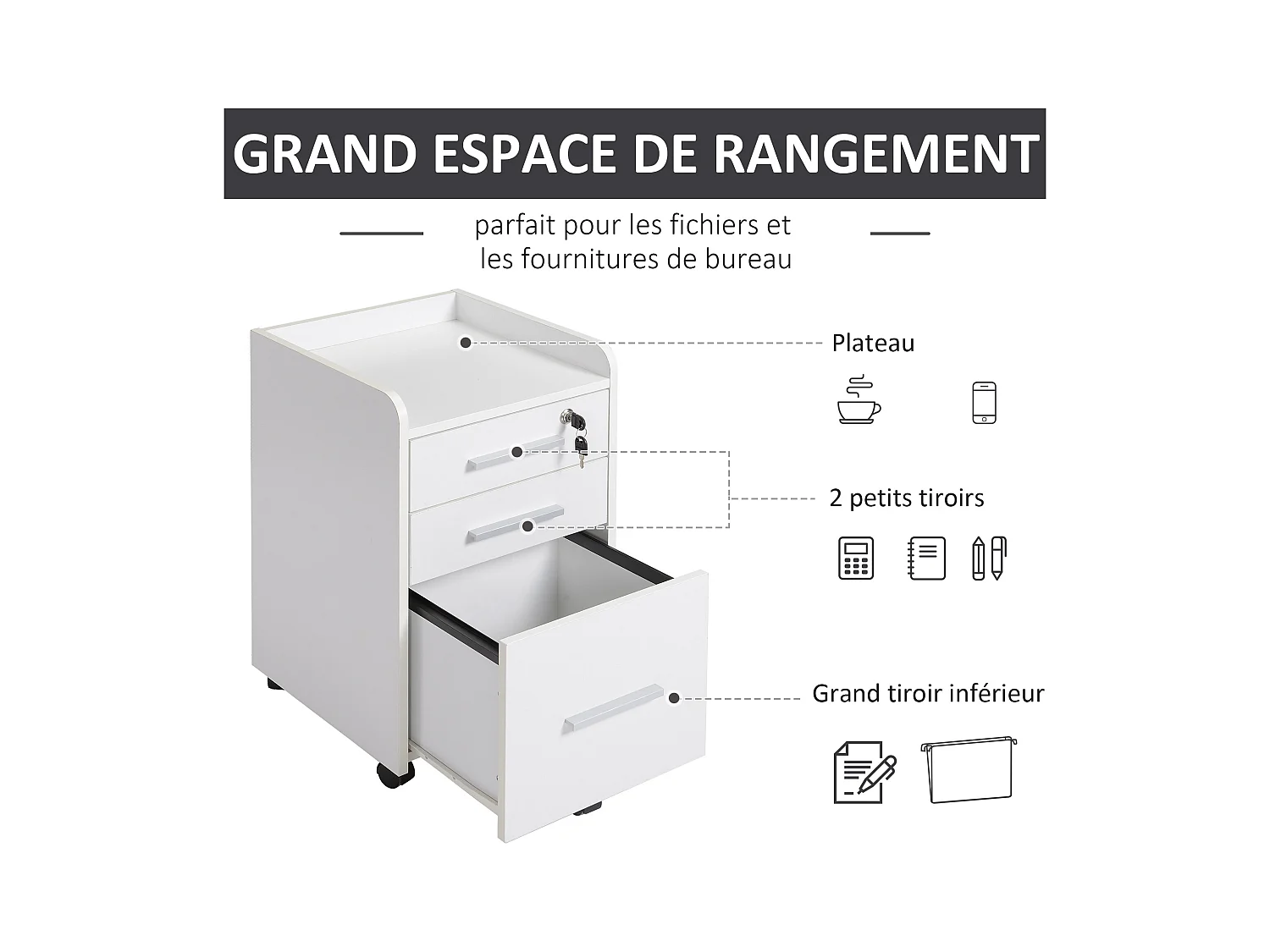 Caisson de bureau rangement bureau sur roulettes 3 tiroirs 1 verrouillable 1 trieur dossiers blanc