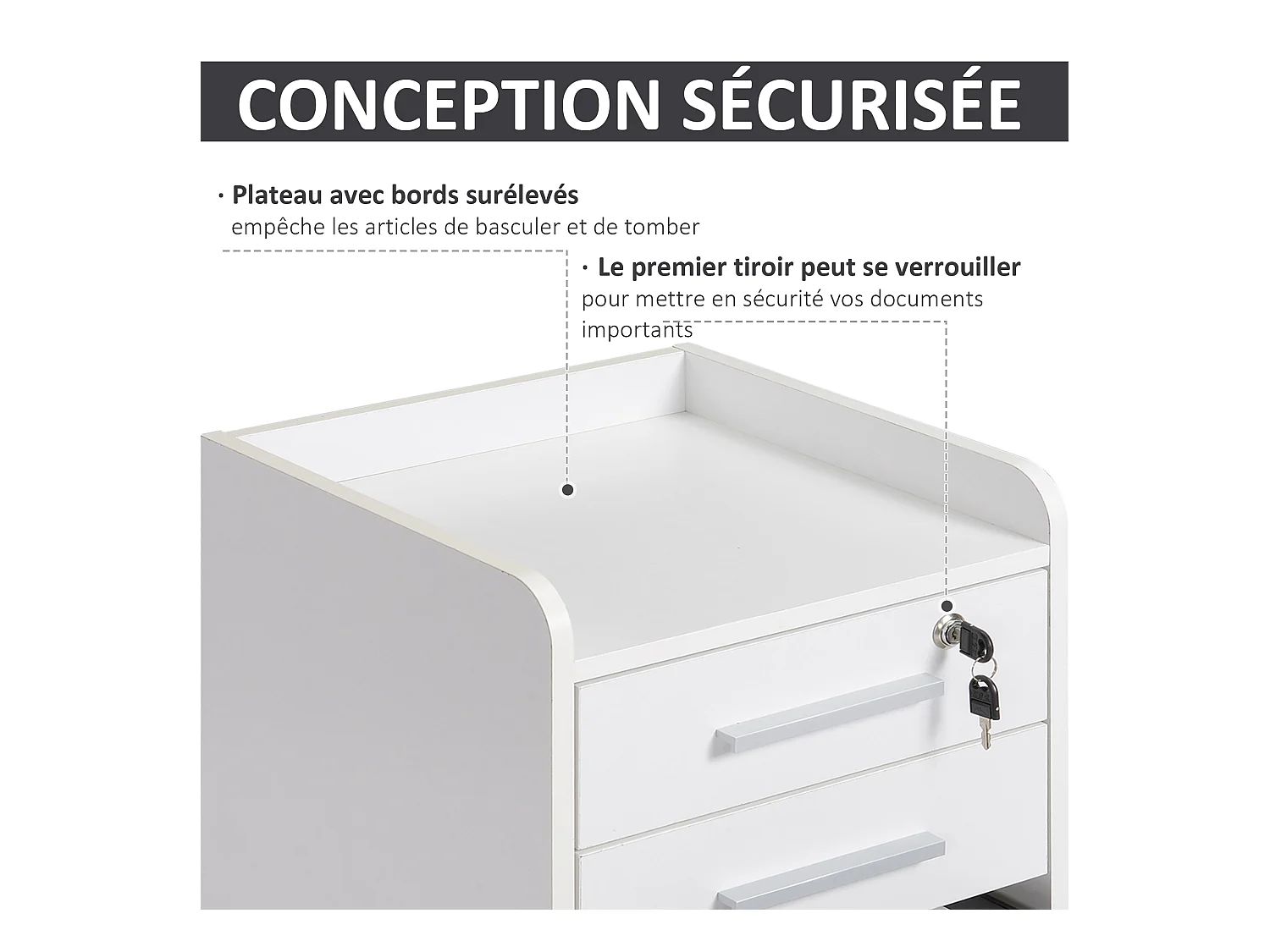 Caisson de bureau rangement bureau sur roulettes 3 tiroirs 1 verrouillable 1 trieur dossiers blanc