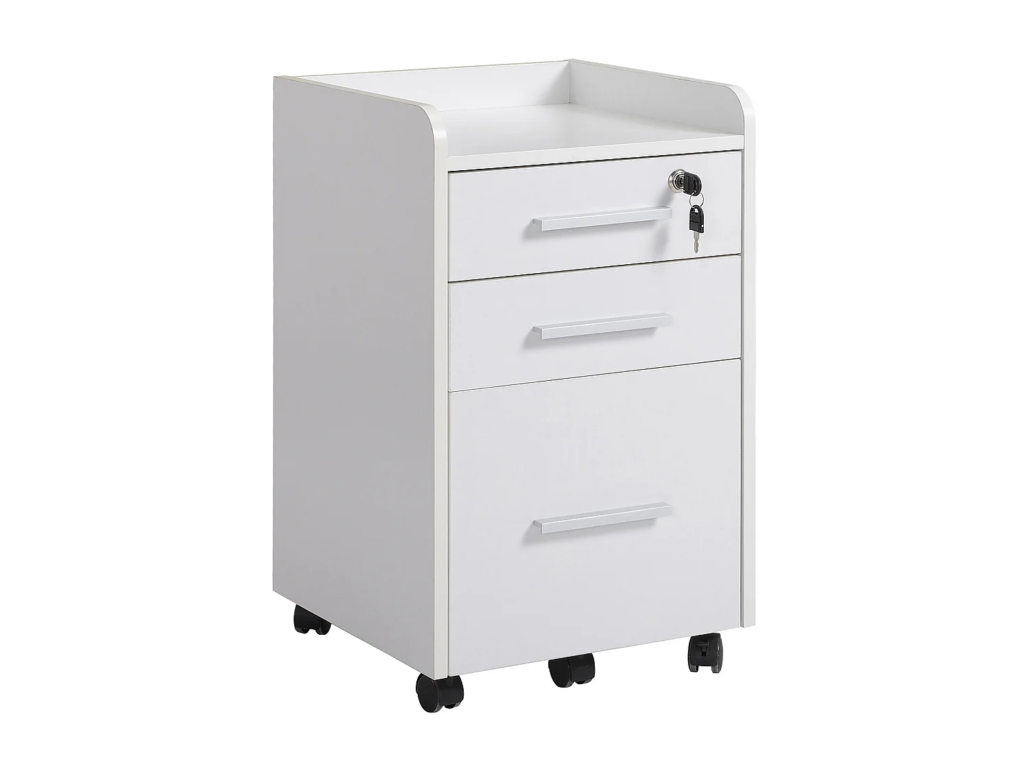 Caisson de bureau rangement bureau sur roulettes 3 tiroirs 1 verrouillable 1 trieur dossiers blanc