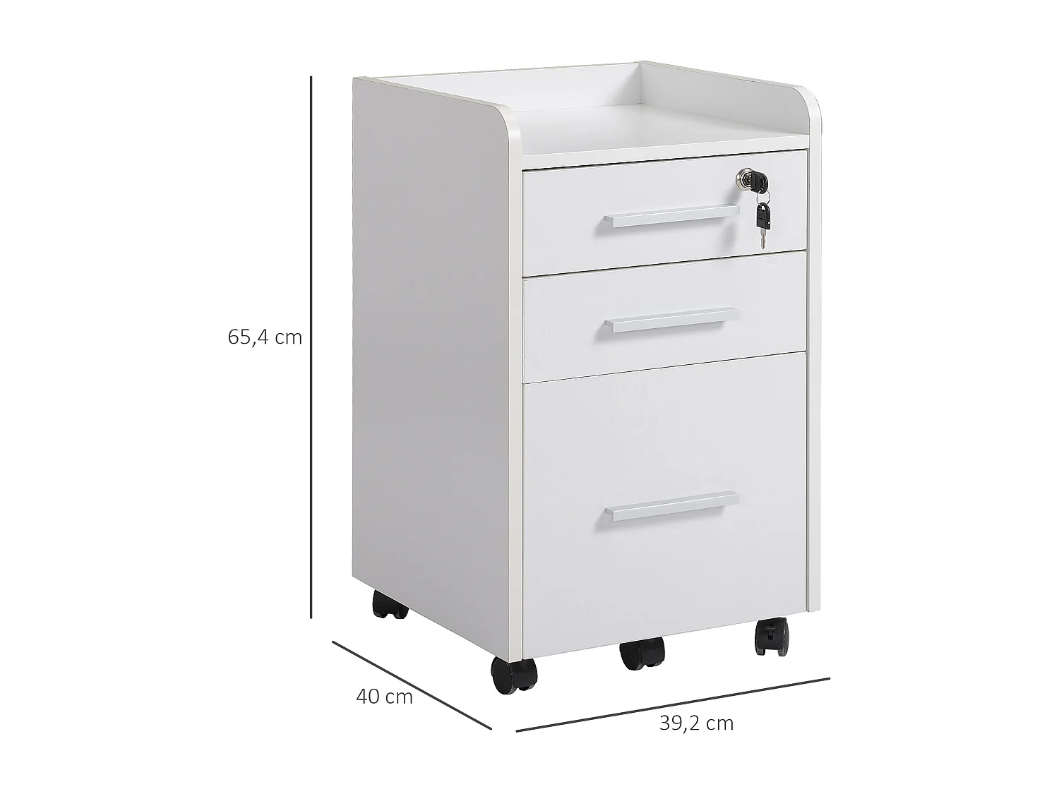 Caisson de bureau rangement bureau sur roulettes 3 tiroirs 1 verrouillable 1 trieur dossiers blanc