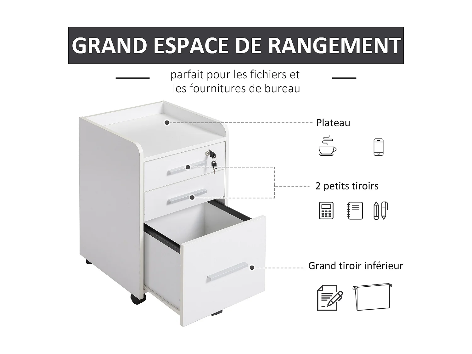 Caisson de bureau rangement bureau sur roulettes 3 tiroirs 1 verrouillable 1 trieur dossiers blanc