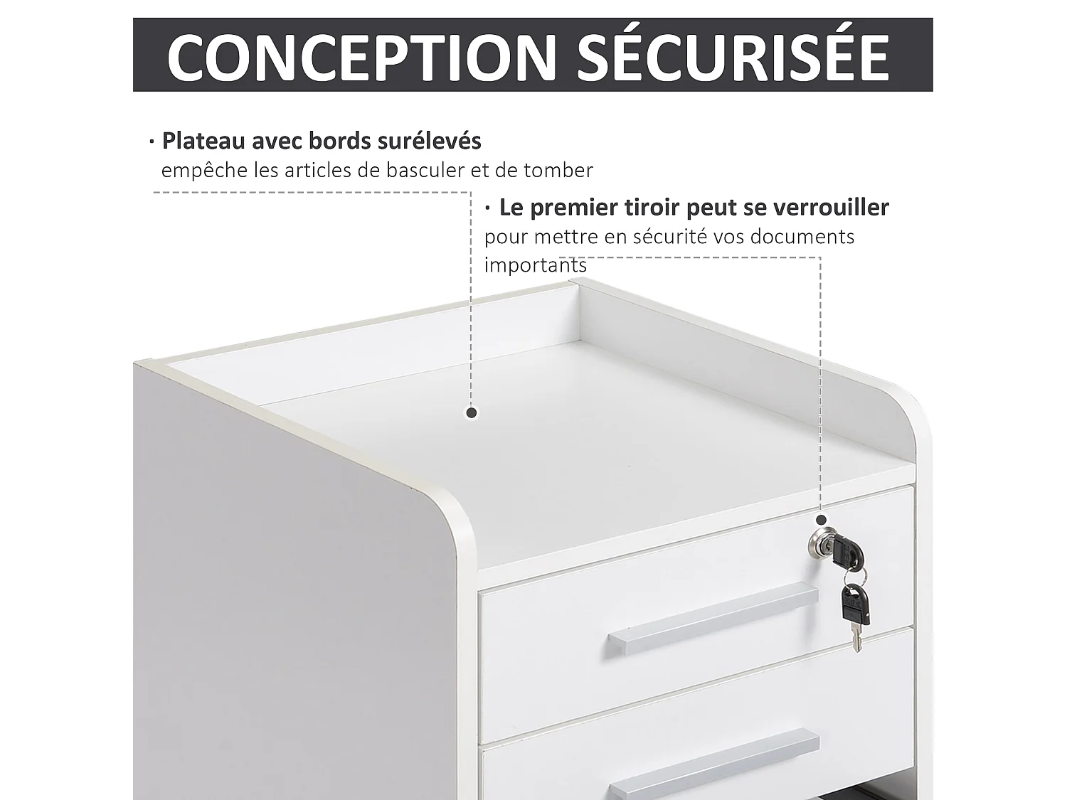 Caisson de bureau rangement bureau sur roulettes 3 tiroirs 1 verrouillable 1 trieur dossiers blanc