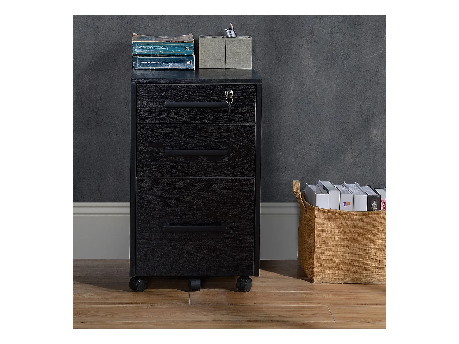 HOMCOM Caisson de bureau rangement bureau sur roulettes 3 tiroirs 1 verrouillable 1 trieur à dossiers MDF panneaux particules noir