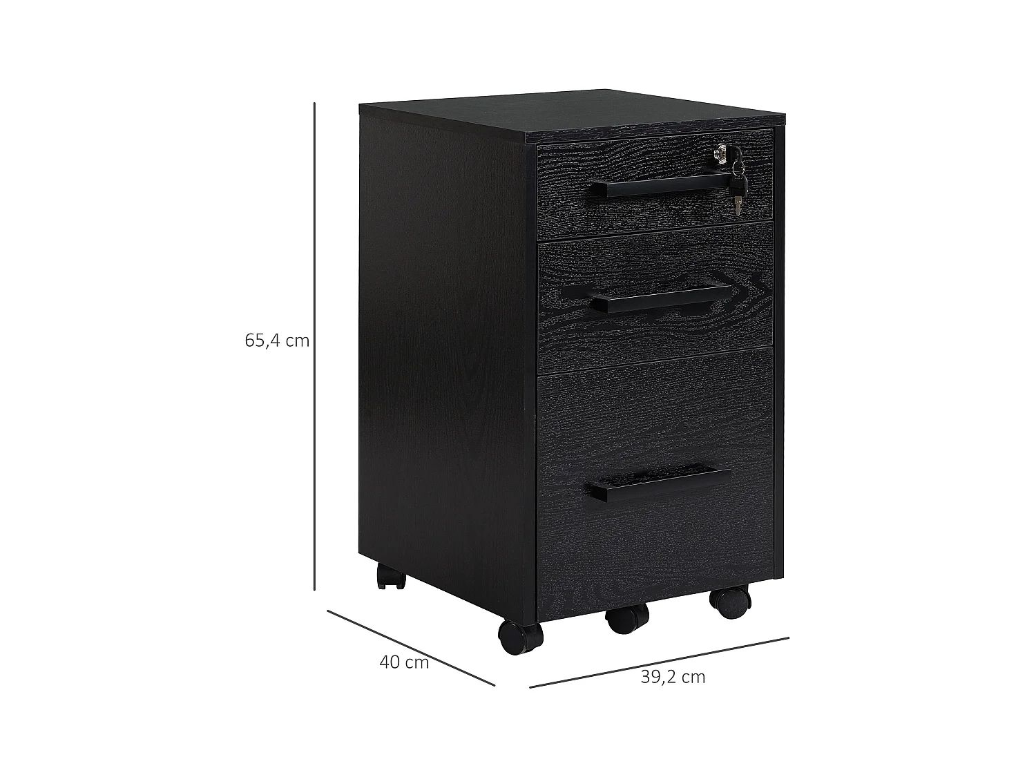 HOMCOM Caisson de bureau rangement bureau sur roulettes 3 tiroirs 1 verrouillable 1 trieur à dossiers MDF panneaux particules noir