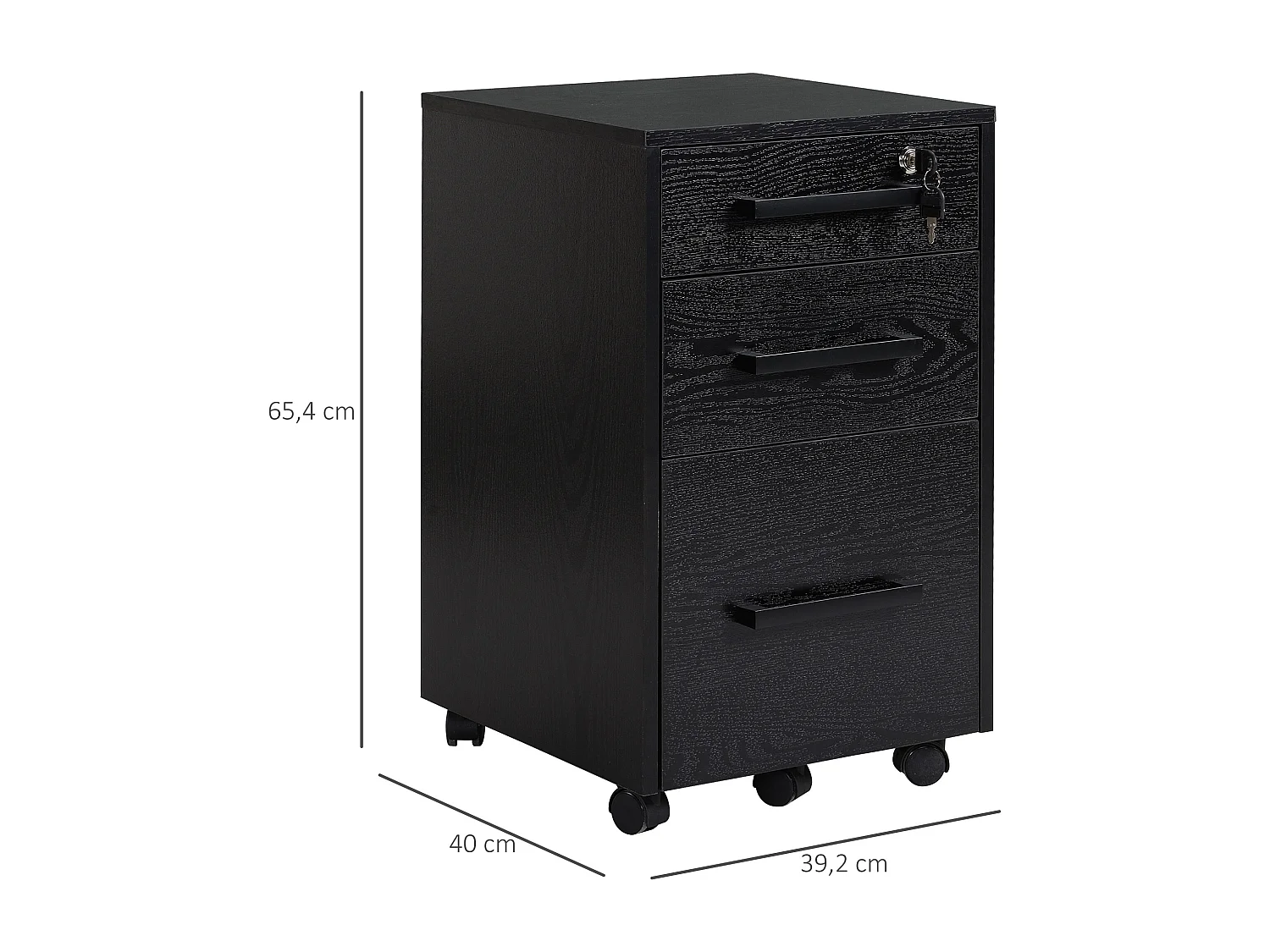 HOMCOM Caisson de bureau rangement bureau sur roulettes 3 tiroirs 1 verrouillable 1 trieur à dossiers MDF panneaux particules noir