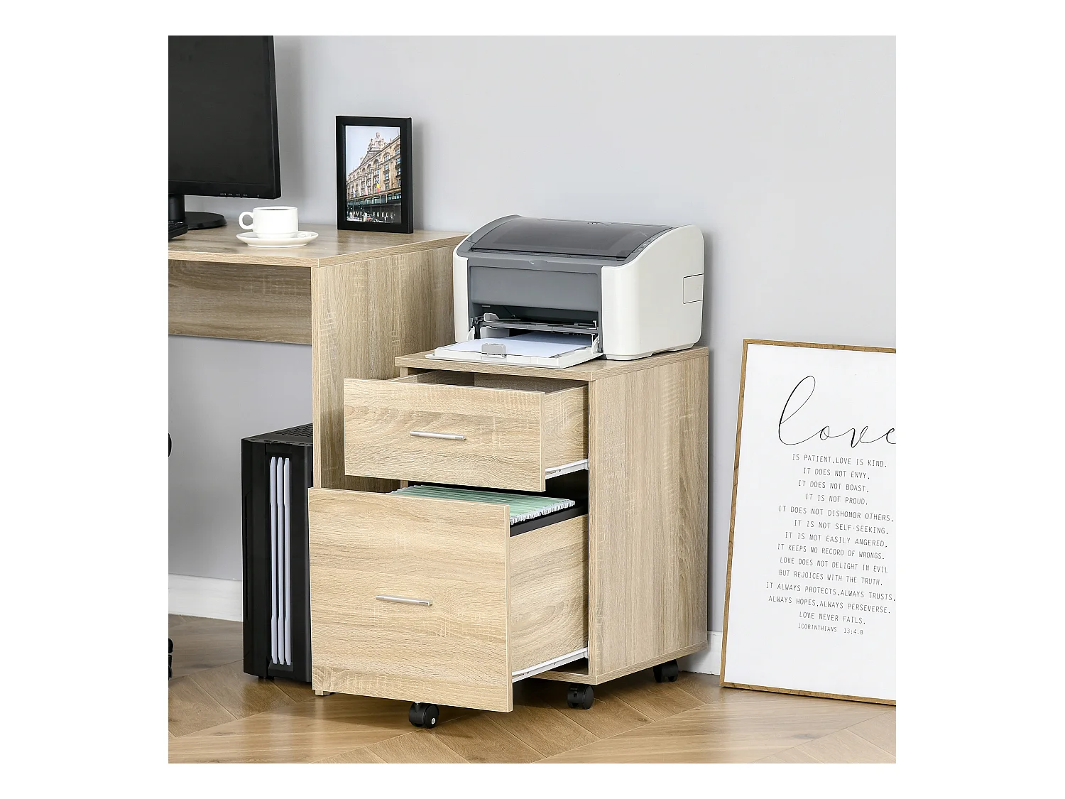 Caisson de bureau rangement bureau sur roulettes 2 tiroirs panneaux particules aspect bois chêne clair