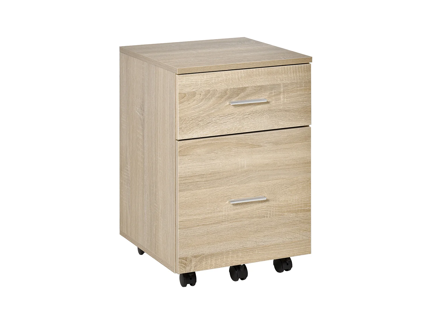 Caisson de bureau rangement bureau sur roulettes 2 tiroirs panneaux particules aspect bois chêne clair