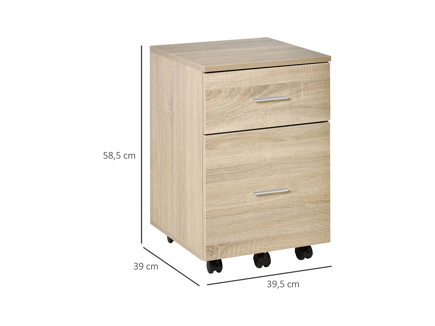 Caisson de bureau rangement bureau sur roulettes 2 tiroirs panneaux particules aspect bois chêne clair