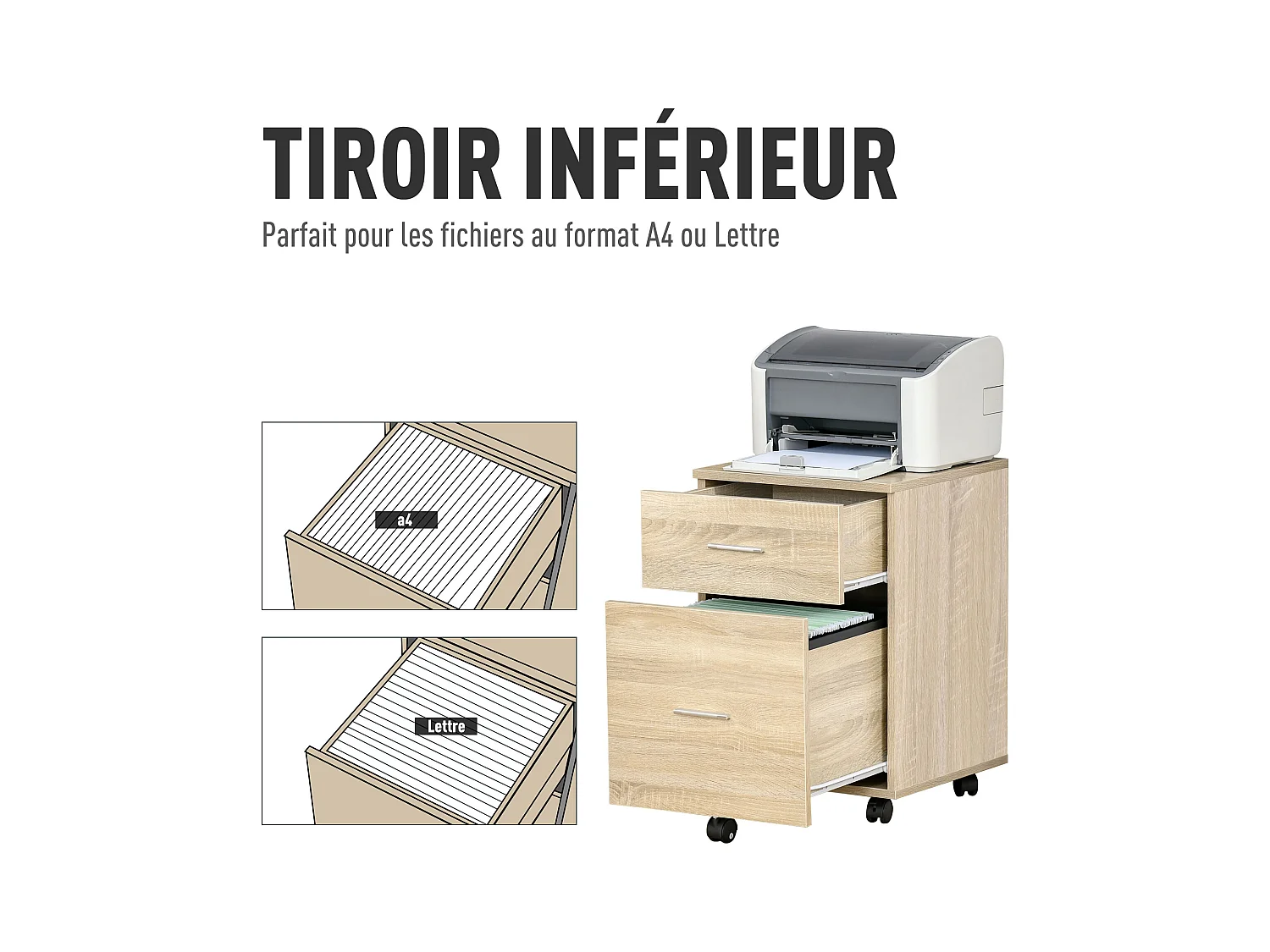 Caisson de bureau rangement bureau sur roulettes 2 tiroirs panneaux particules aspect bois chêne clair