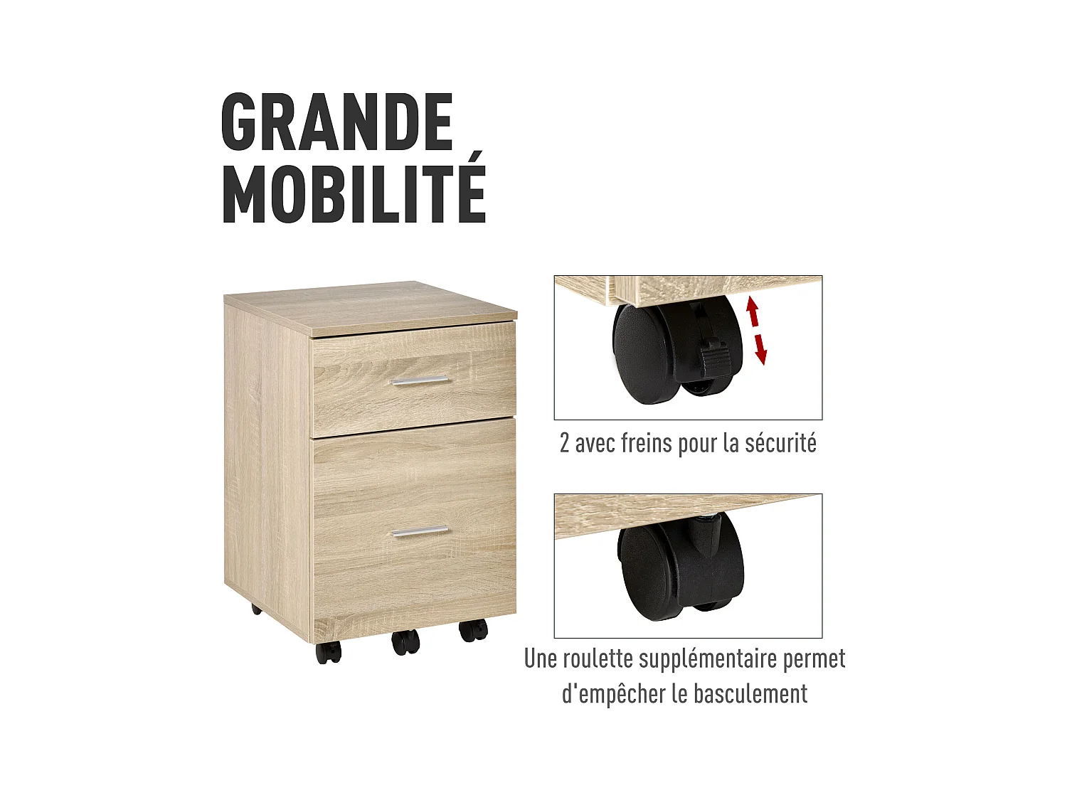 Caisson de bureau rangement bureau sur roulettes 2 tiroirs panneaux particules aspect bois chêne clair