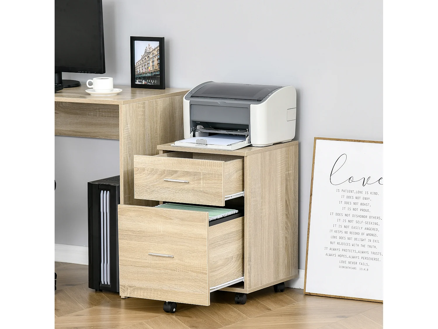 Caisson de bureau rangement bureau sur roulettes 2 tiroirs panneaux particules aspect bois chêne clair