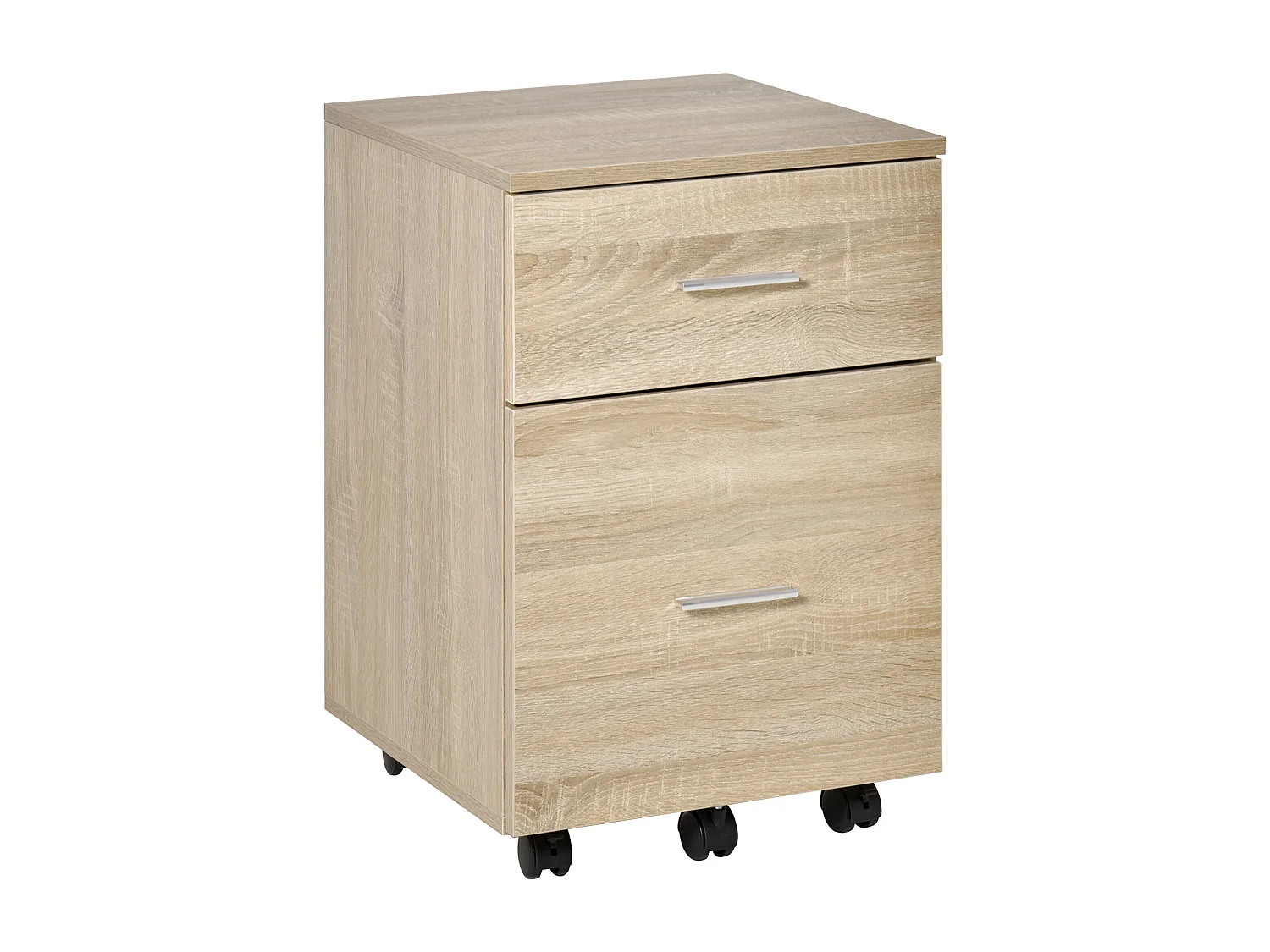 Caisson de bureau rangement bureau sur roulettes 2 tiroirs panneaux particules aspect bois chêne clair