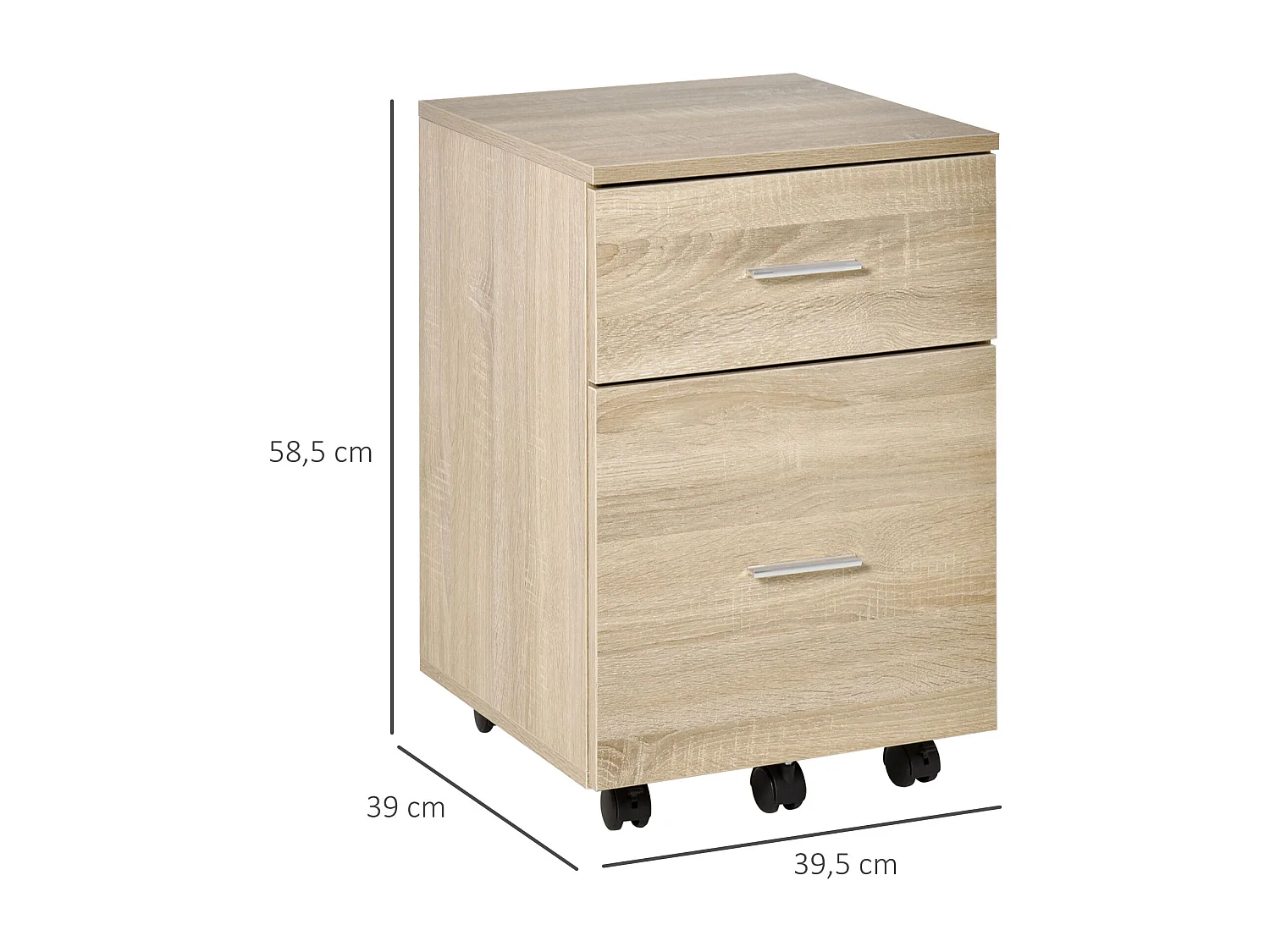 Caisson de bureau rangement bureau sur roulettes 2 tiroirs panneaux particules aspect bois chêne clair