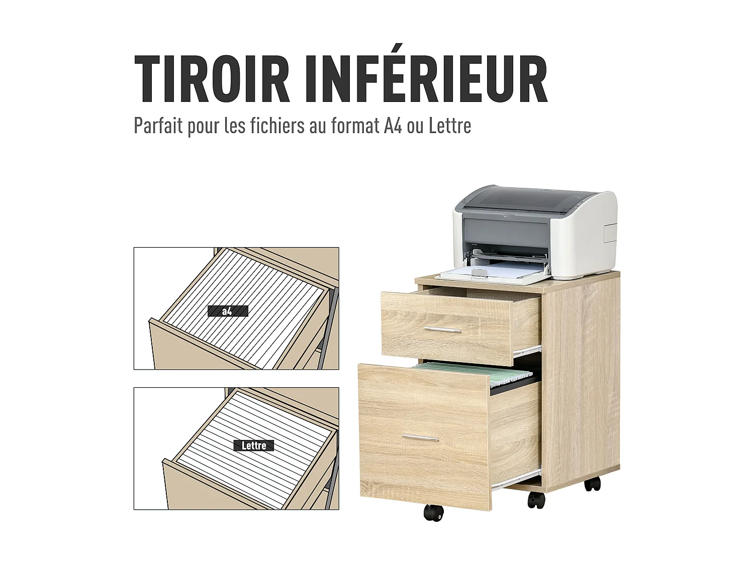 Caisson de bureau rangement bureau sur roulettes 2 tiroirs panneaux particules aspect bois chêne clair