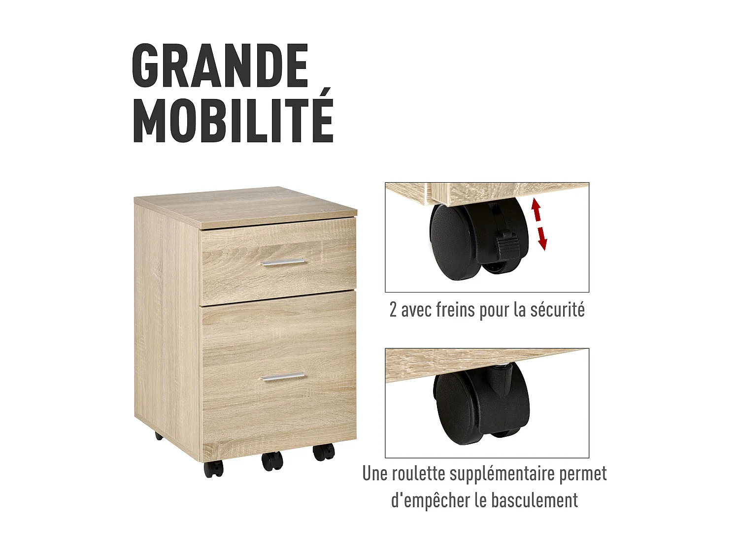 Caisson de bureau rangement bureau sur roulettes 2 tiroirs panneaux particules aspect bois chêne clair