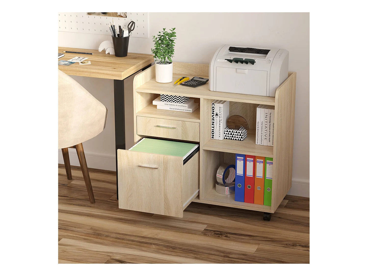 Vinsetto Support d'imprimante - caisson organiseur bureau - 3 niches, 2 tiroirs, grand plateau - panneaux particules chêne clair