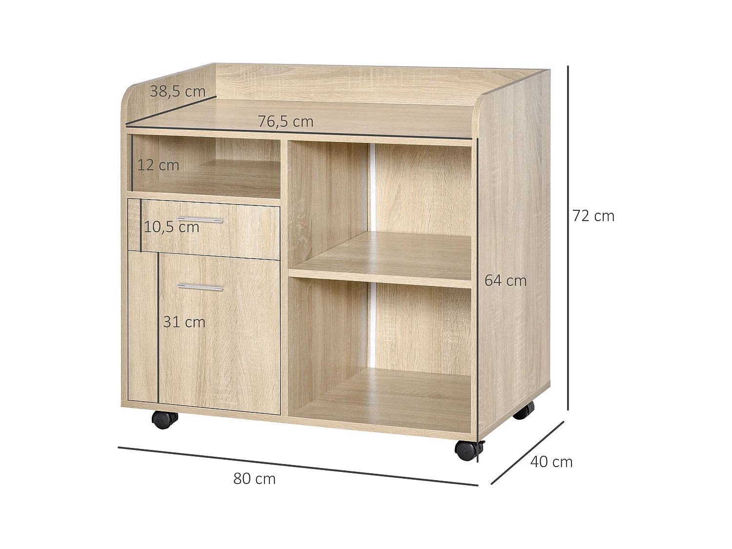 Vinsetto Support d'imprimante - caisson organiseur bureau - 3 niches, 2 tiroirs, grand plateau - panneaux particules chêne clair