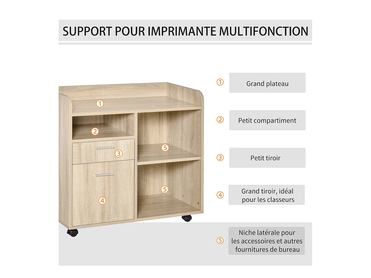 Vinsetto Support d'imprimante - caisson organiseur bureau - 3 niches, 2 tiroirs, grand plateau - panneaux particules chêne clair
