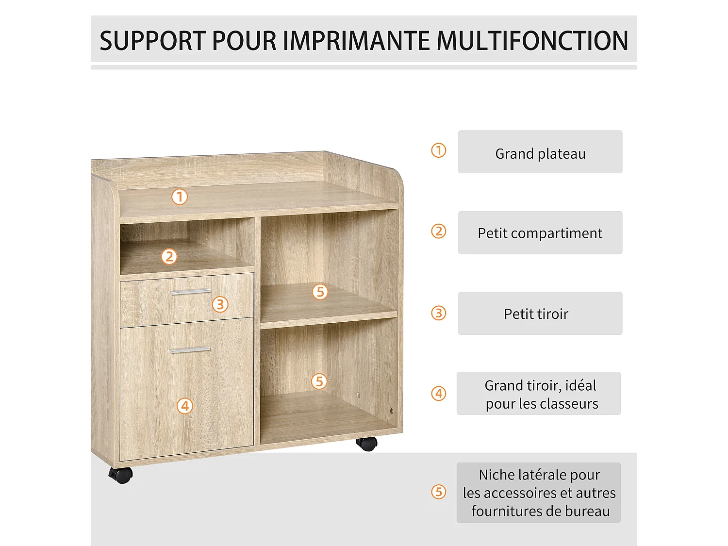 Vinsetto Support d'imprimante - caisson organiseur bureau - 3 niches, 2 tiroirs, grand plateau - panneaux particules chêne clair