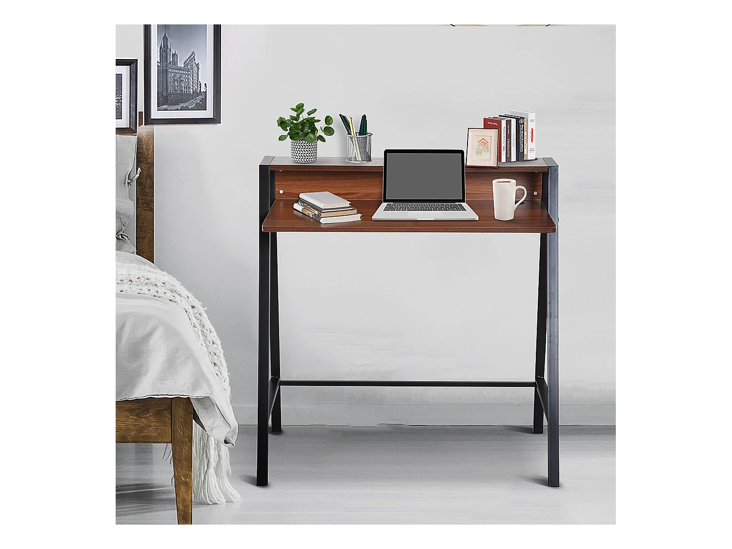 Bureau secrétaire bureau informatique dim. 84L x 45l x 85H cm style néo-rétro étagère coloris noyer noir