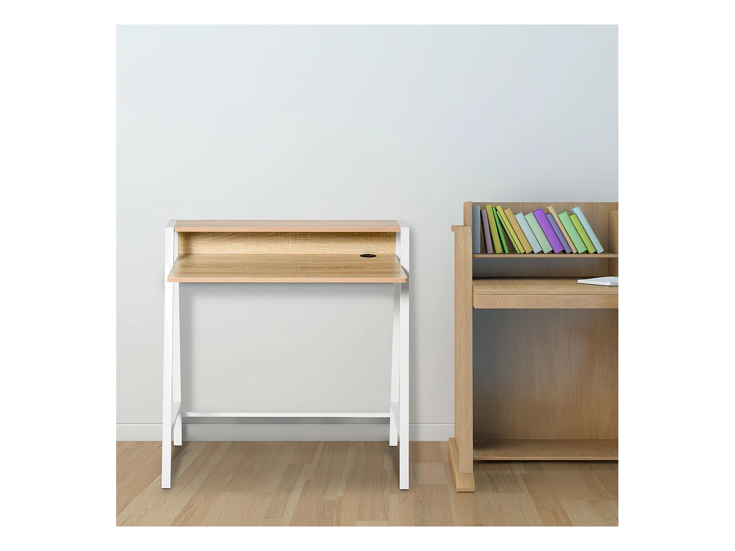 Bureau secrétaire bureau informatique dim. 84L x 45l x 85H cm style néo-rétro étagère coloris chêne clair blanc