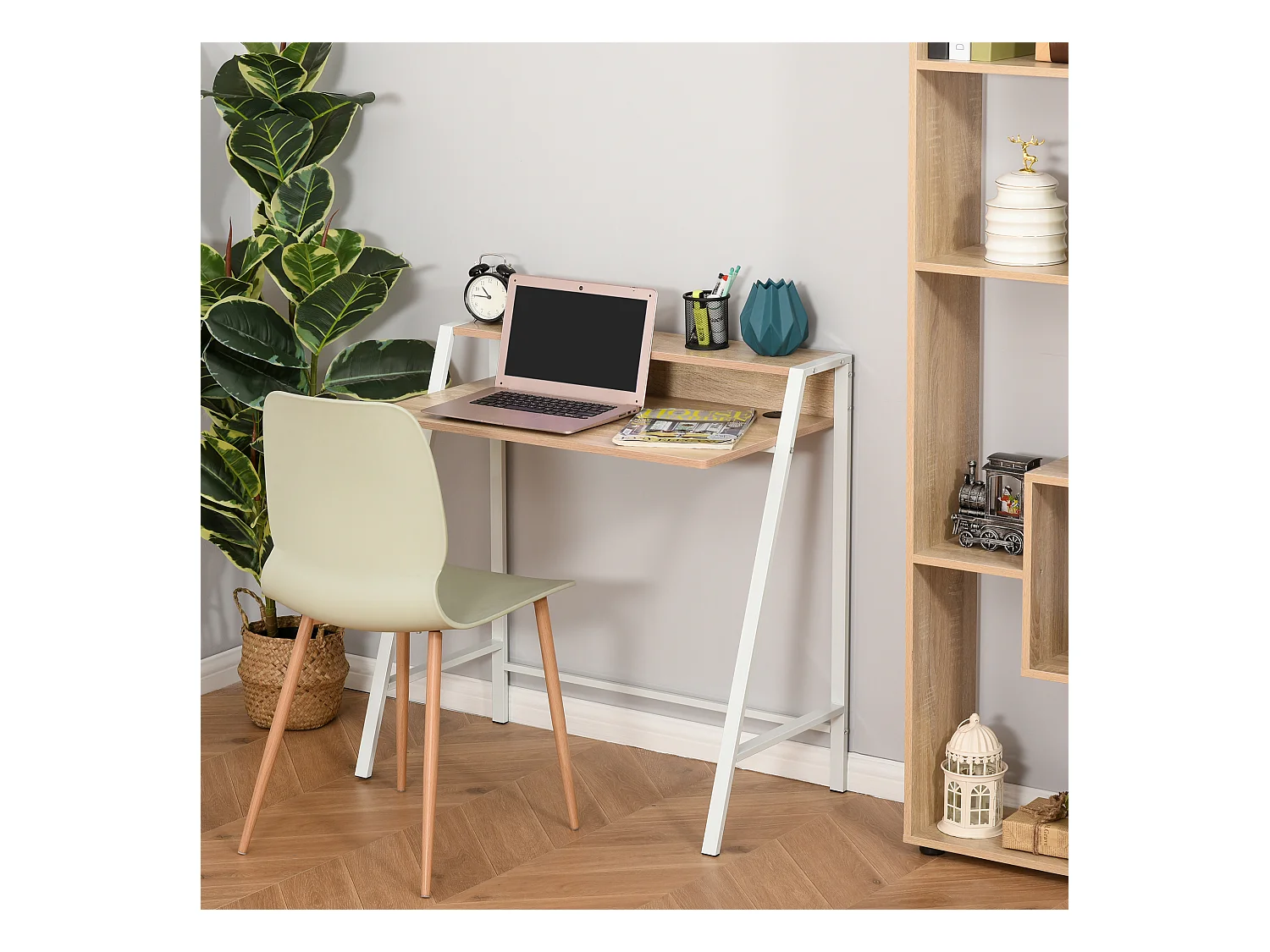 Bureau secrétaire bureau informatique dim. 84L x 45l x 85H cm style néo-rétro étagère coloris chêne clair blanc