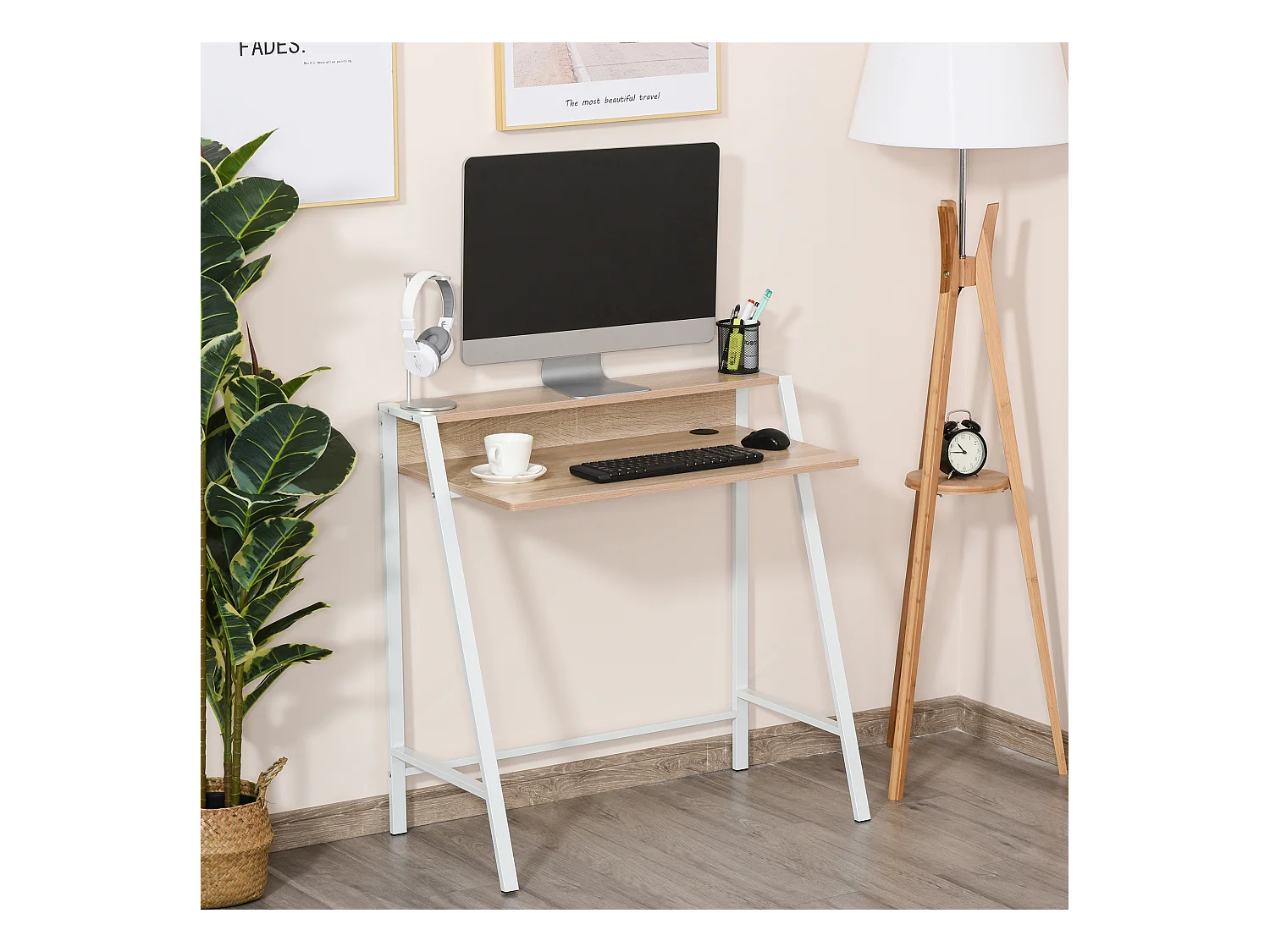 Bureau secrétaire bureau informatique dim. 84L x 45l x 85H cm style néo-rétro étagère coloris chêne clair blanc