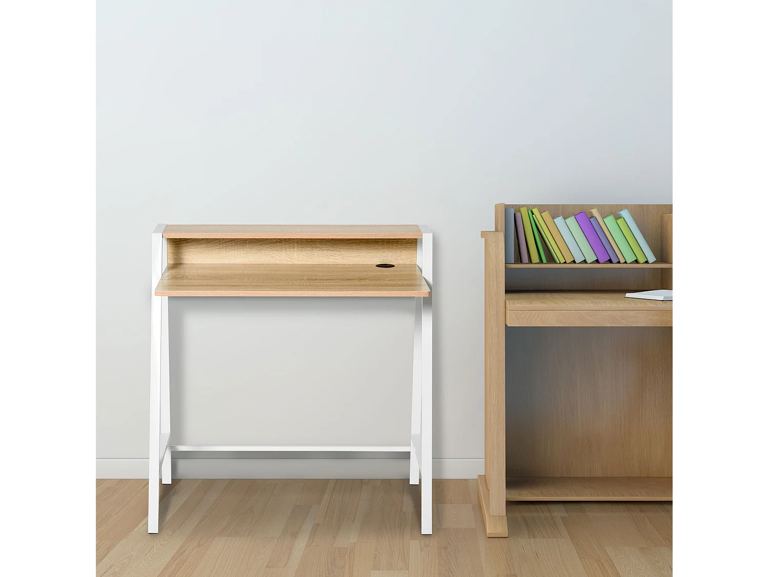 Bureau secrétaire bureau informatique dim. 84L x 45l x 85H cm style néo-rétro étagère coloris chêne clair blanc