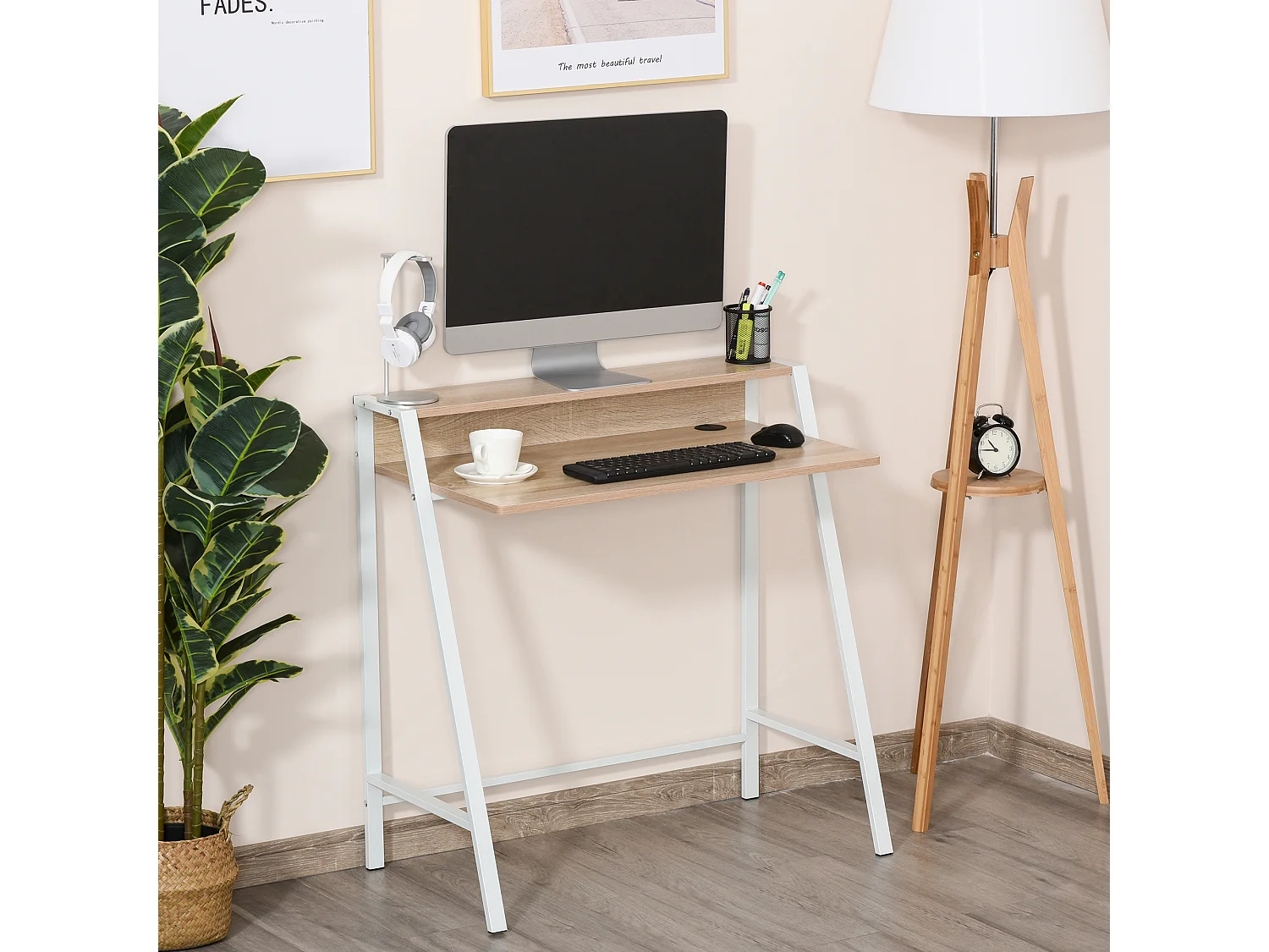 Bureau secrétaire bureau informatique dim. 84L x 45l x 85H cm style néo-rétro étagère coloris chêne clair blanc