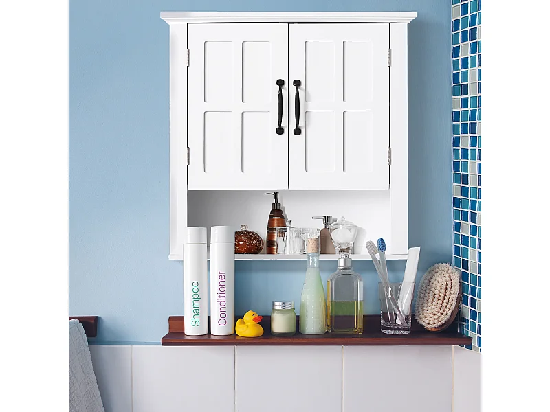 Armoire haute murale de salle de bain ou WC placard 2 portes 2 étagères niche dim. 60L x 20l x 58H cm MDF panneaux particules blanc