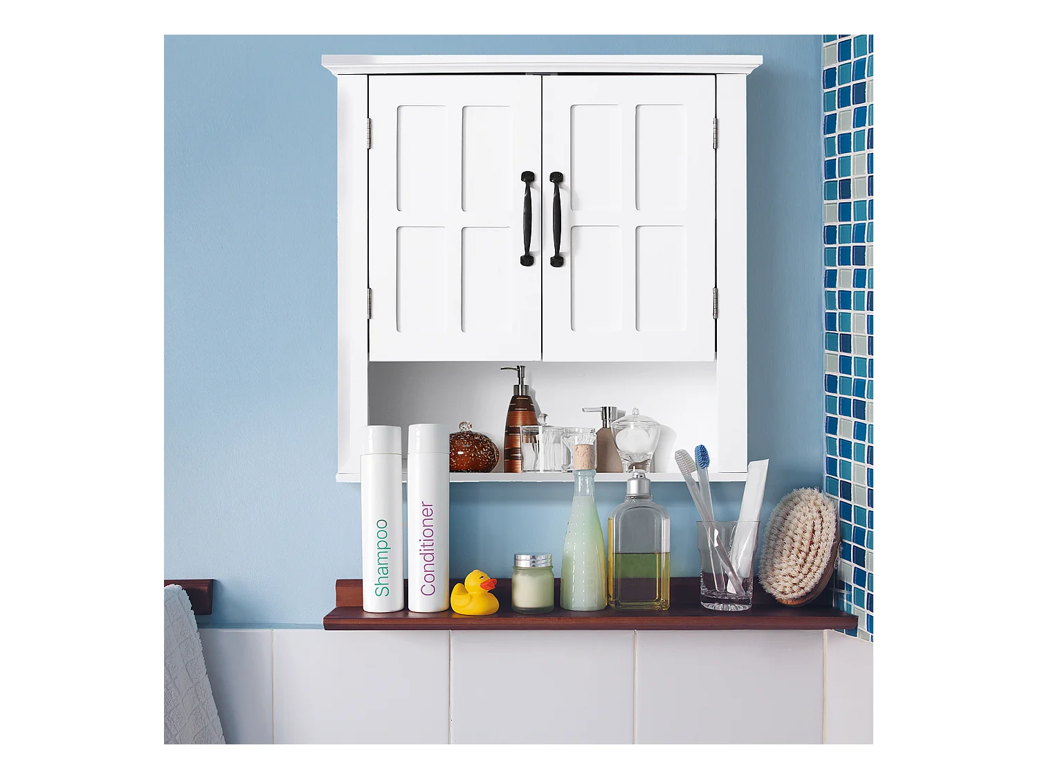 Armoire haute murale de salle de bain ou WC placard 2 portes 2 étagères niche dim. 60L x 20l x 58H cm MDF panneaux particules blanc