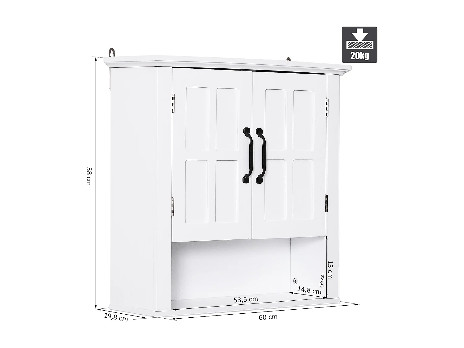 Armoire haute murale de salle de bain ou WC placard 2 portes 2 étagères niche dim. 60L x 20l x 58H cm MDF panneaux particules blanc