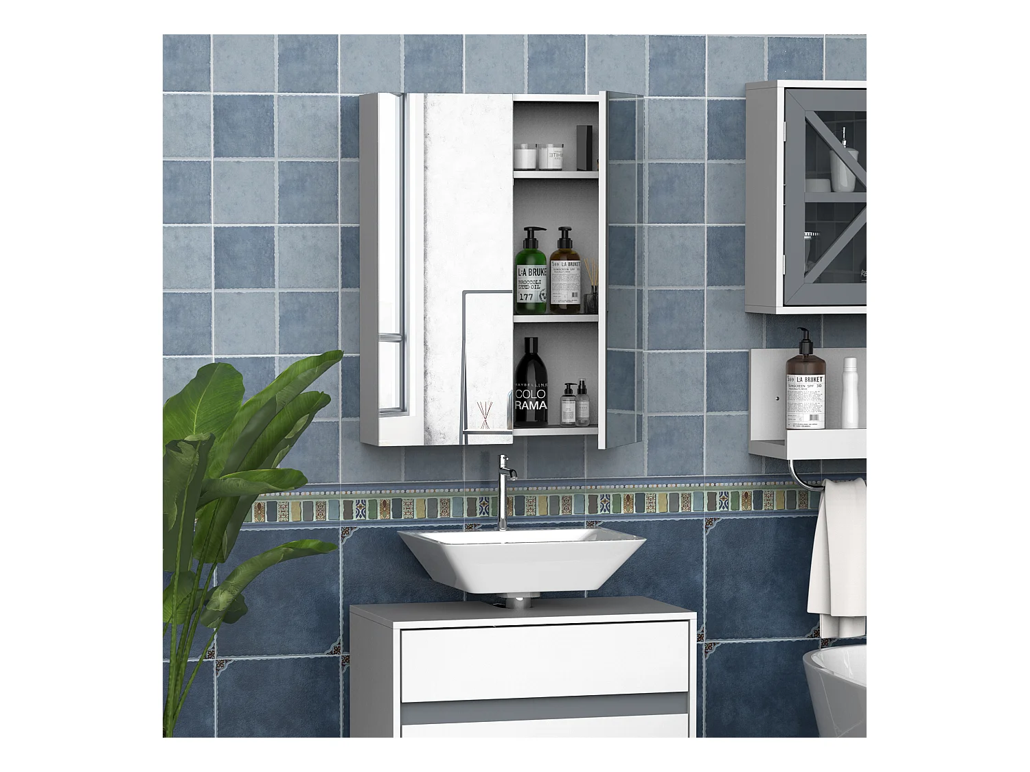 Armoire avec miroir en bois rangement salle de bain fermeture porte tampon MDF blanc