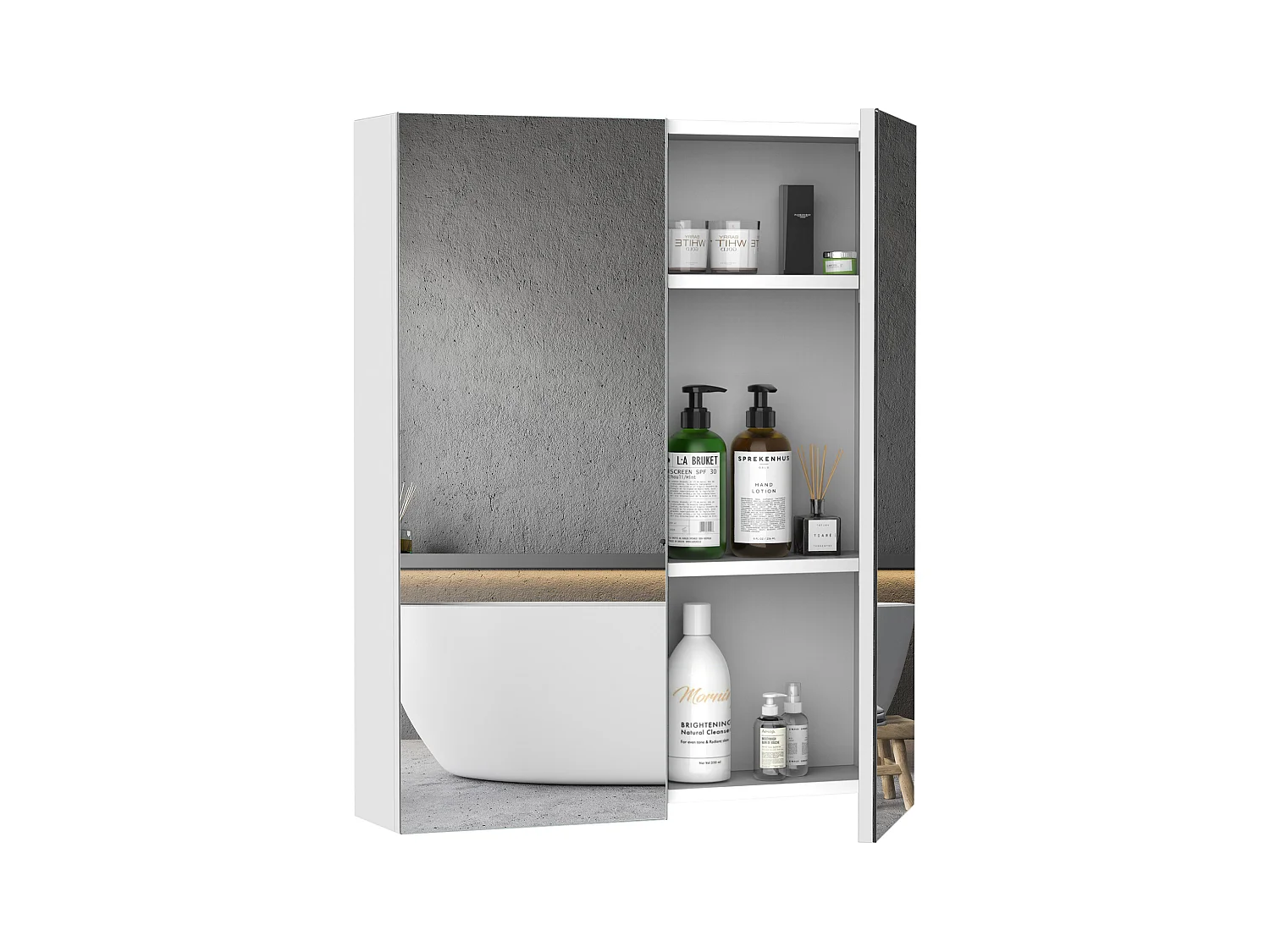 Armoire avec miroir en bois rangement salle de bain fermeture porte tampon MDF blanc