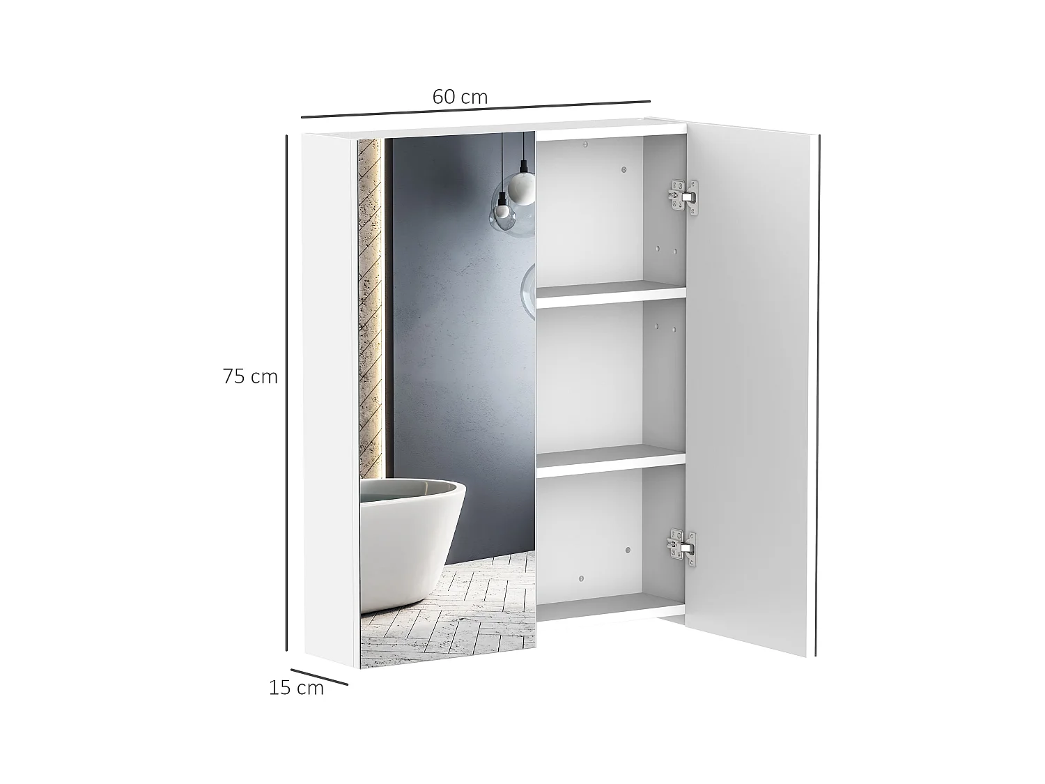Armoire avec miroir en bois rangement salle de bain fermeture porte tampon MDF blanc