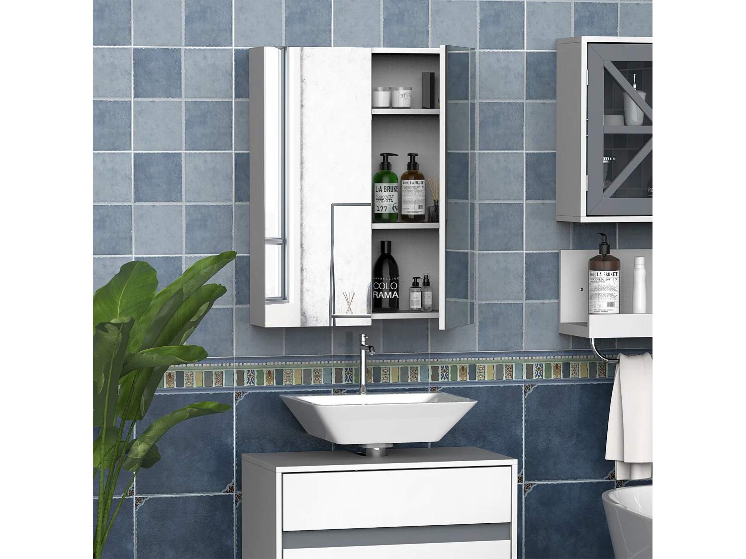 Armoire avec miroir en bois rangement salle de bain fermeture porte tampon MDF blanc